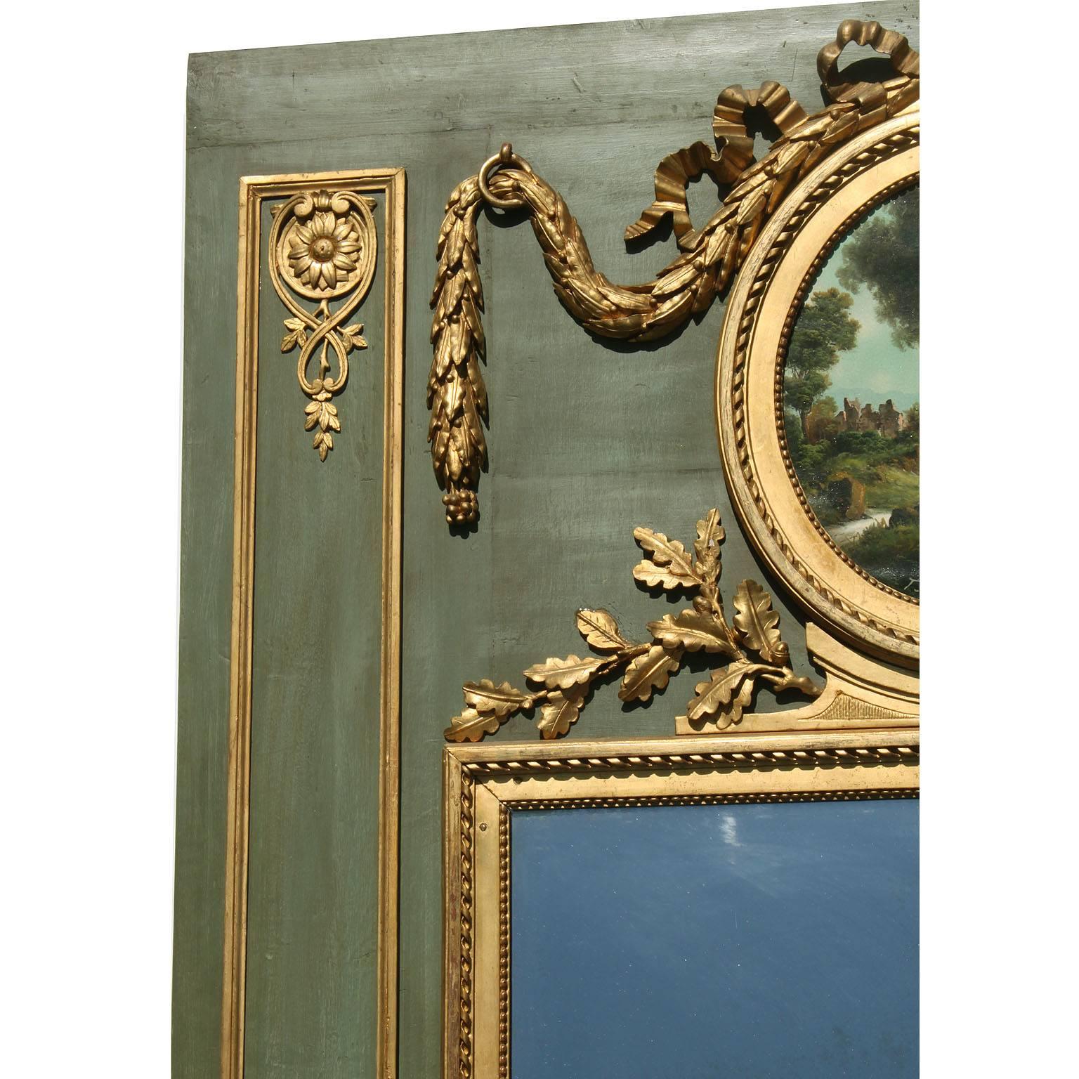 French 19th Century Louis XVI Style Green & Giltwood Carved Trumeu Mirror Frame In Good Condition For Sale In Los Angeles, CA