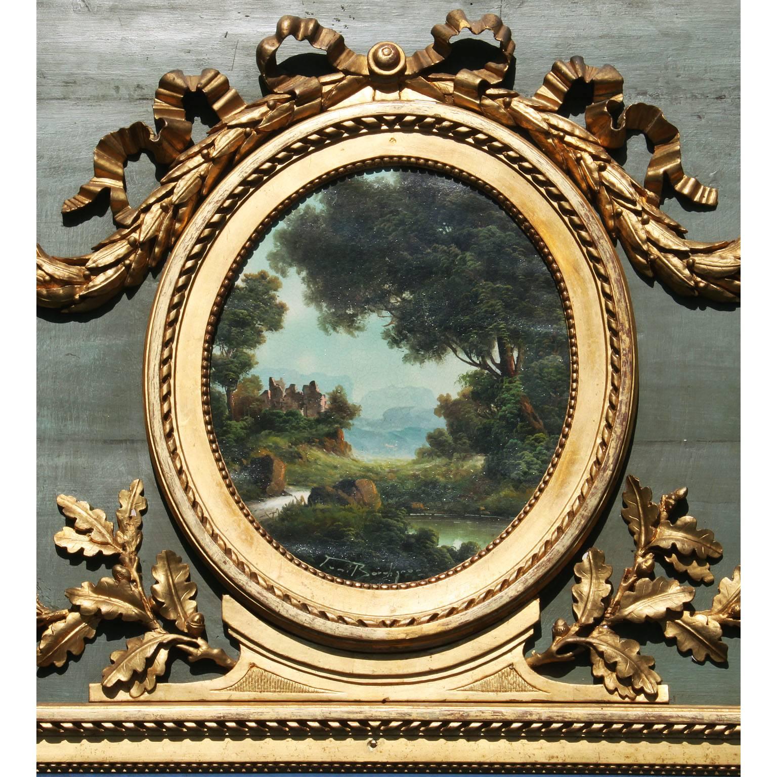 Sculpté Cadre de miroir Trumeu en bois vert et doré de style Louis XVI du 19ème siècle en vente
