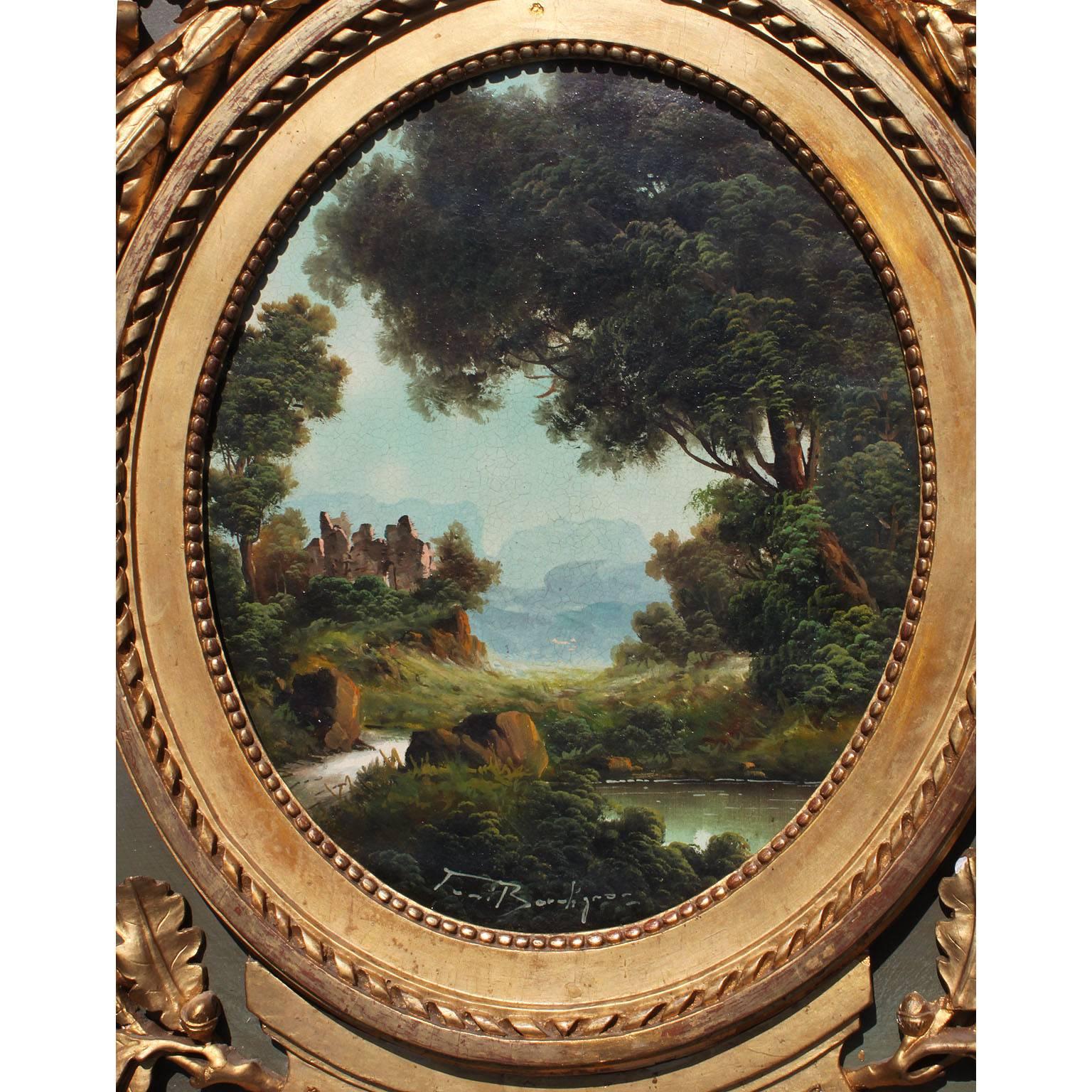 Cadre de miroir Trumeu en bois vert et doré de style Louis XVI du 19ème siècle Bon état - En vente à Los Angeles, CA