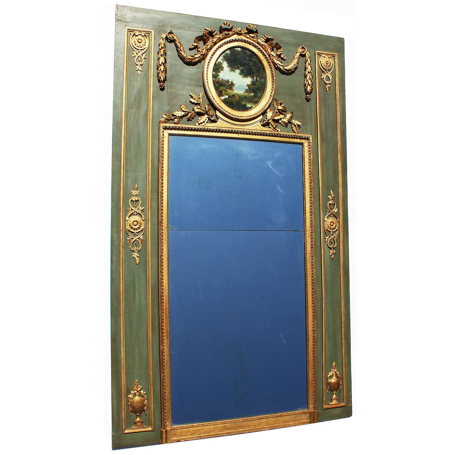 Cadre de Miroir Trumeu de Style Louis XVI du 19ème Siècle en Bois Vert et Doré Sculpté