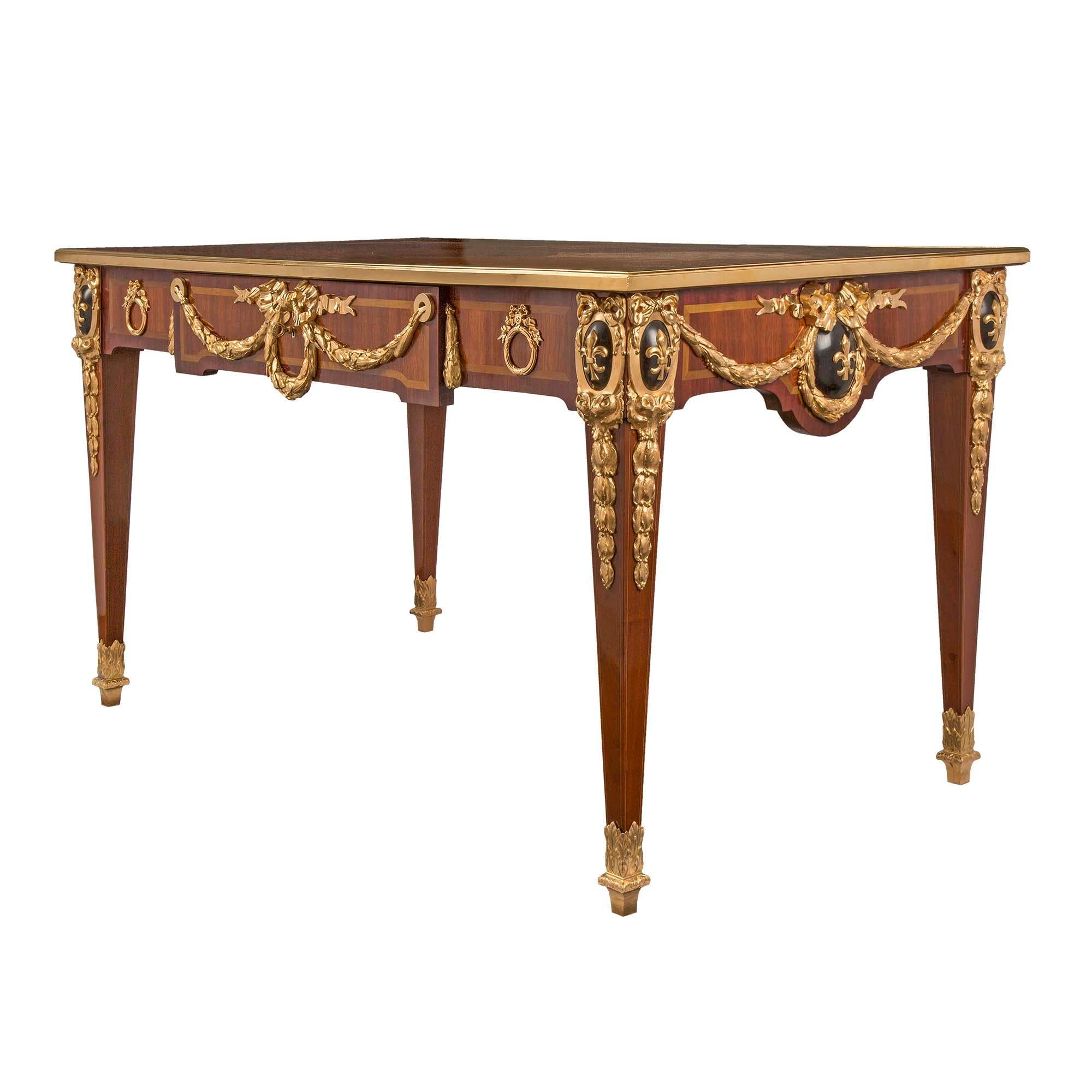 French 19th Century Louis XVI Style Mahogany and Ormolu Inlaid Bureau Plat For Sale 1