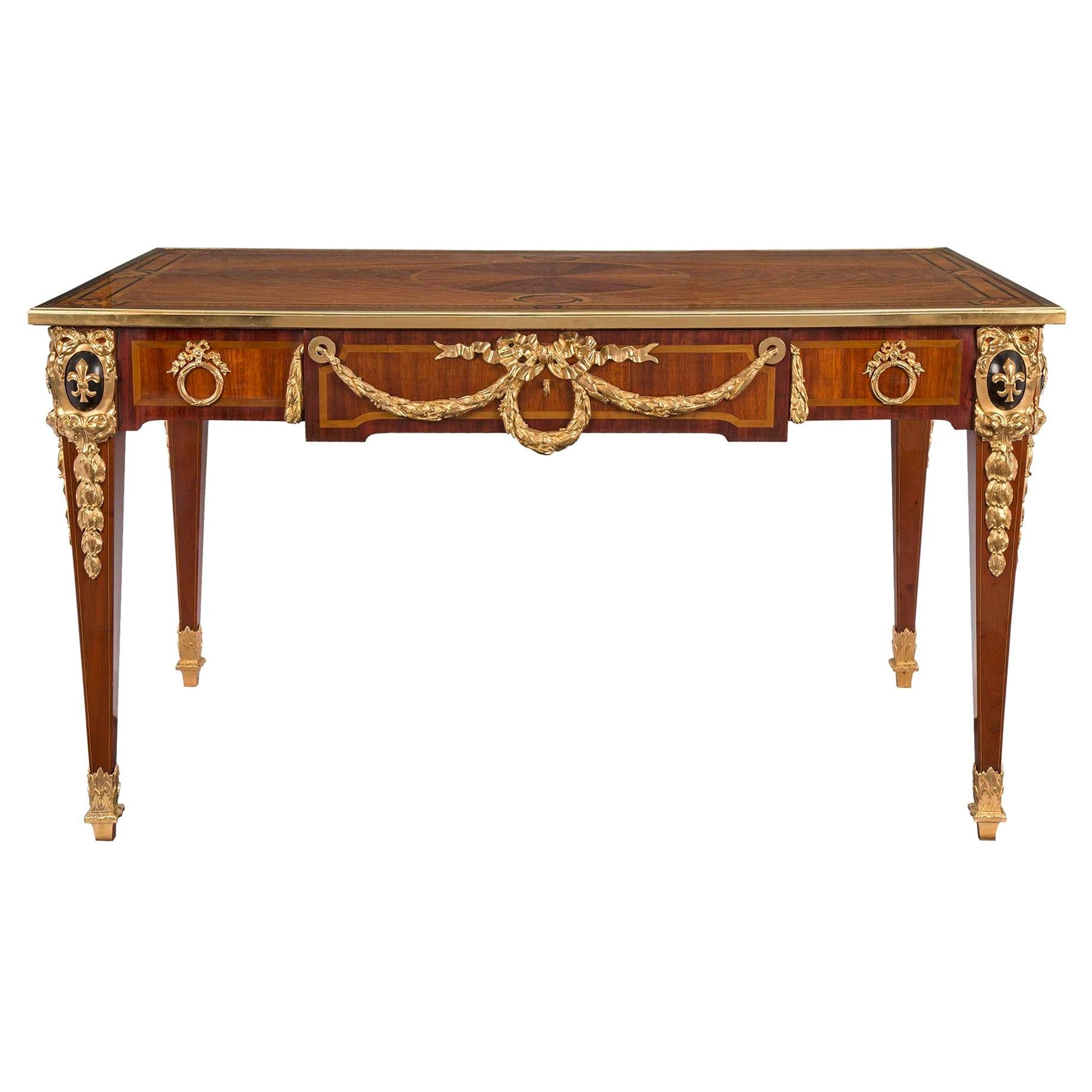 French 19th Century Louis XVI Style Mahogany and Ormolu Inlaid Bureau Plat