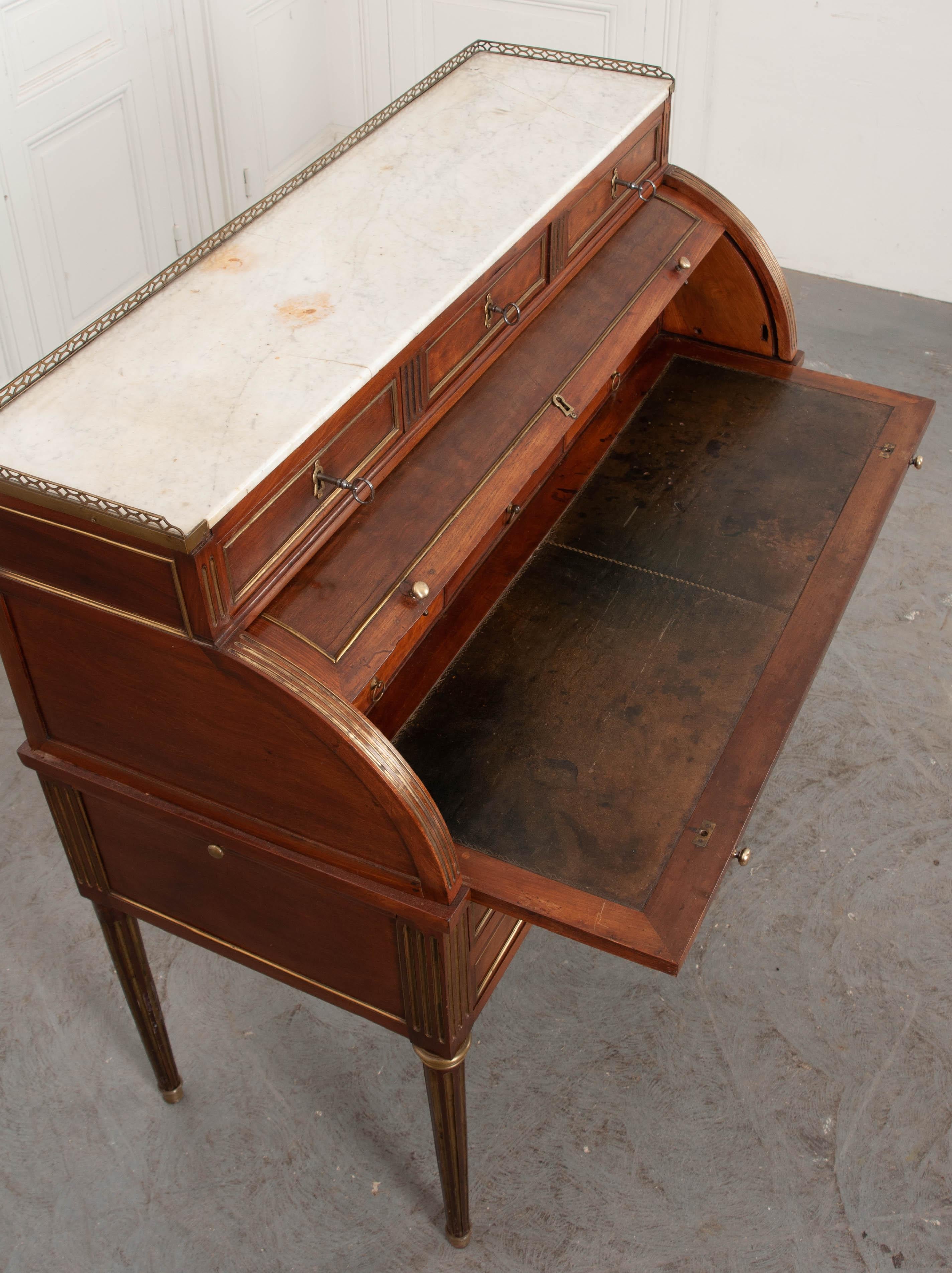 Brass French 19th Century Louis XVI-Style Mahogany Roll Top Desk