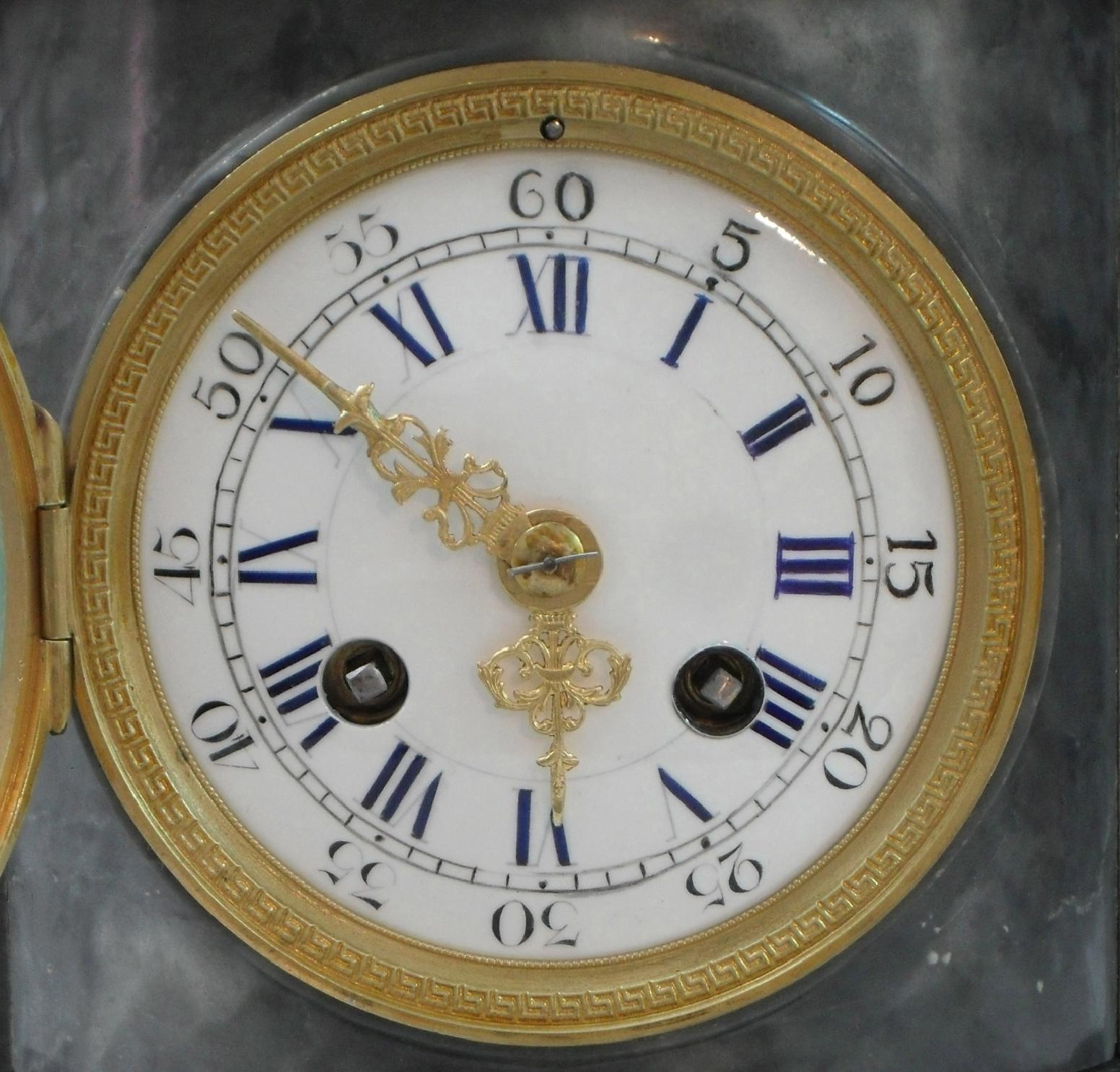 French 19th Century Louis XVI Style Marble and Bronze Gilt Clock Set In Good Condition In Macclesfield, GB