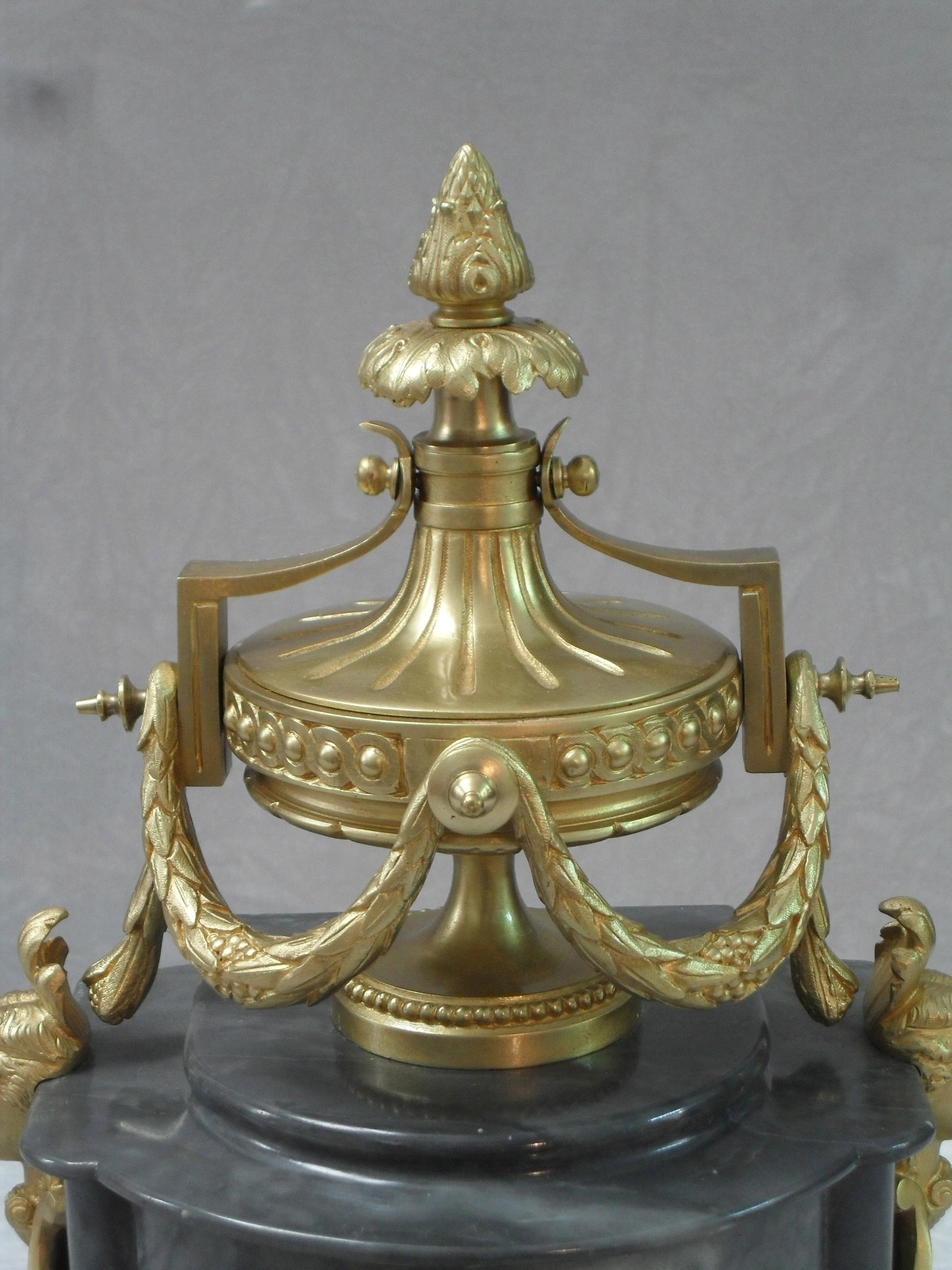 French 19th Century Louis XVI Style Marble and Bronze Gilt Clock Set 1