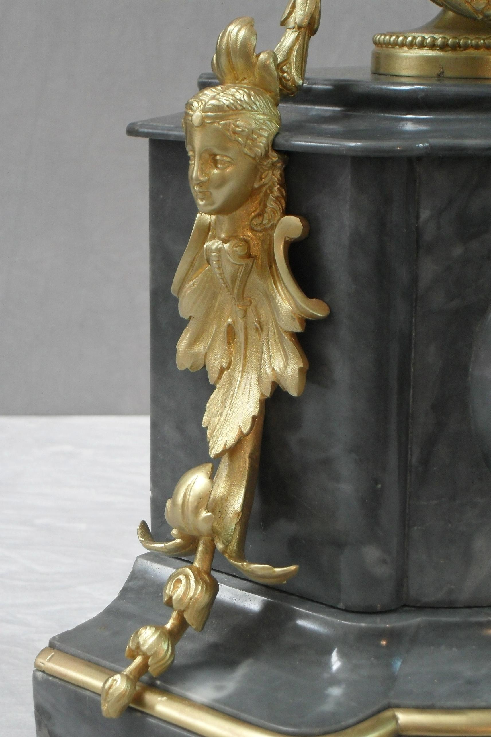 French 19th Century Louis XVI Style Marble and Bronze Gilt Clock Set 2