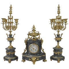 French 19th Century Louis XVI Style Marble and Bronze Gilt Clock Set