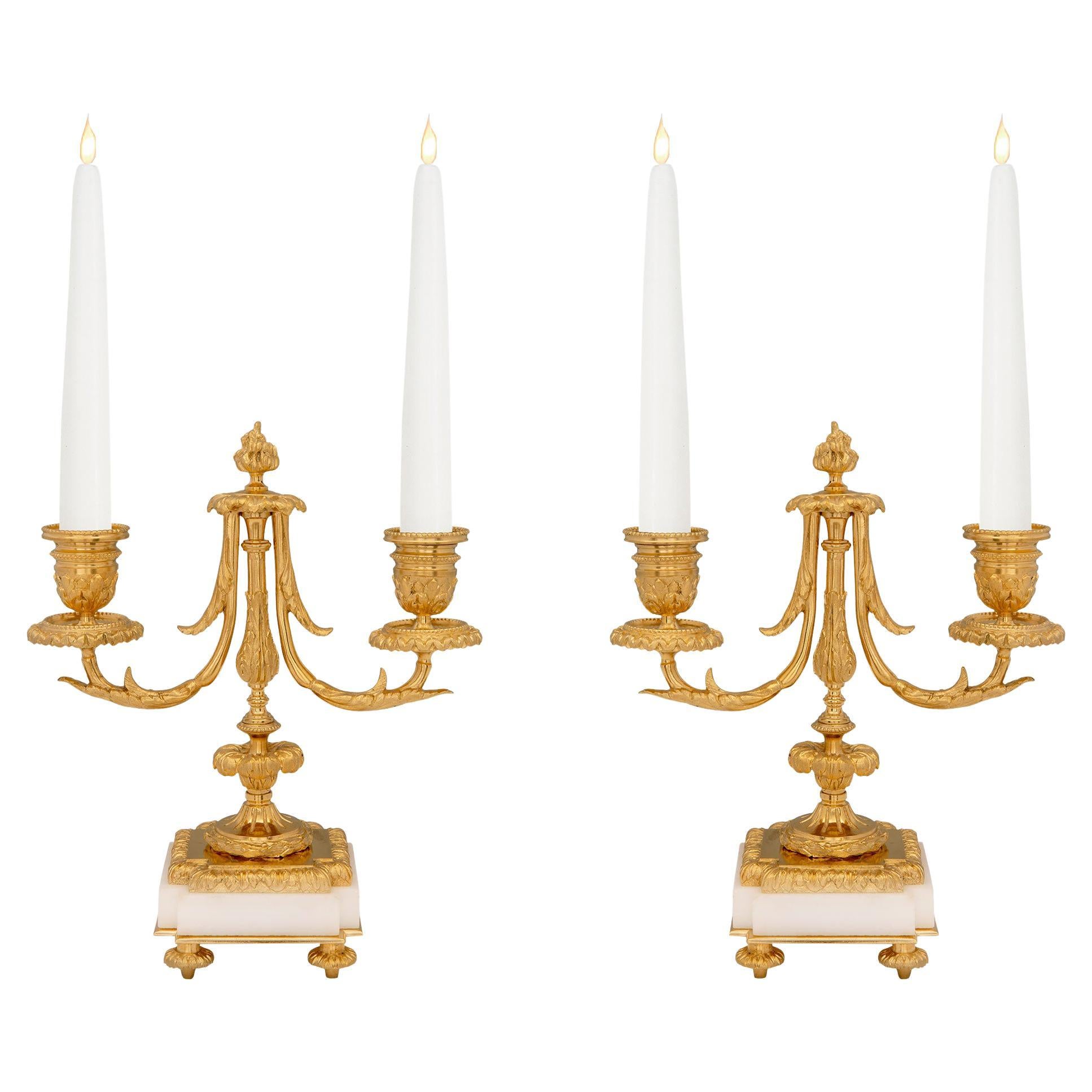 French 19th Century Louis XVI Style Marble and Ormolu Two-Arm Candelabras For Sale