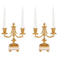 Vintage French 19th Century Louis XVI Style Marble and Ormolu Two-Arm Candelabras
