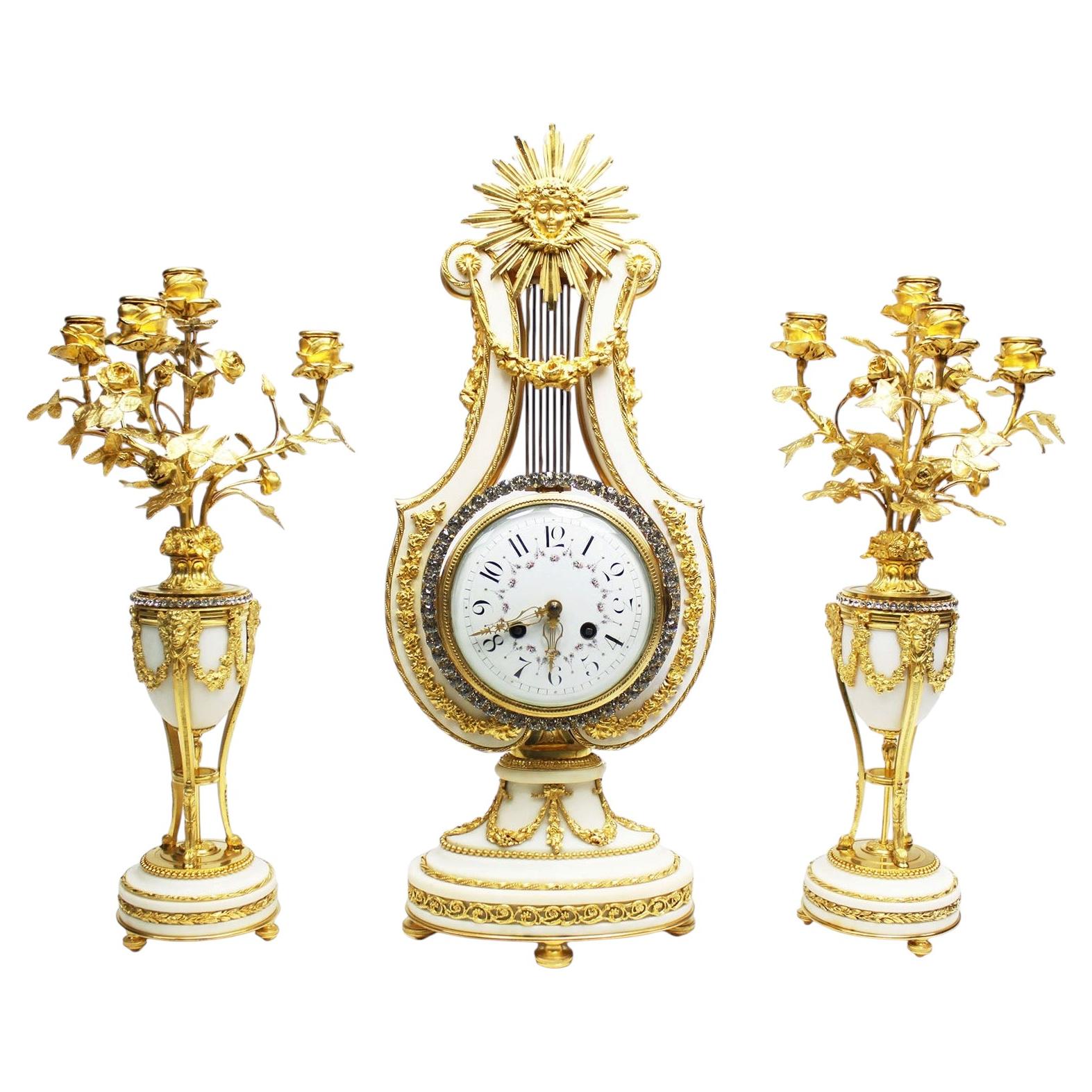 French 19th Century Louis XVI Style Marble & Ormolu Lyre Clock & Candelabra Set For Sale