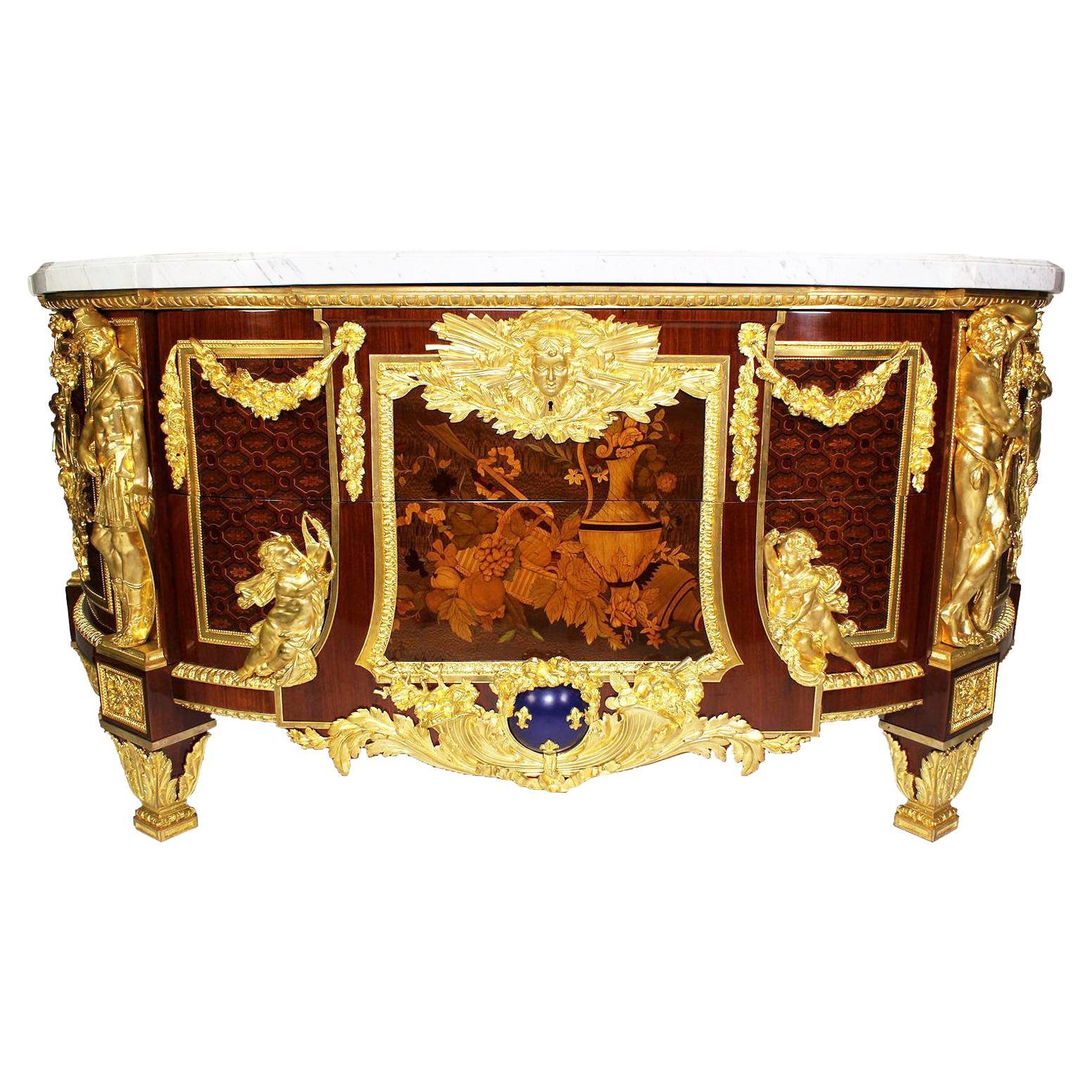 Palatial French Louis XVI Style Marquetry & Gilt-Bronze Armorial Commode