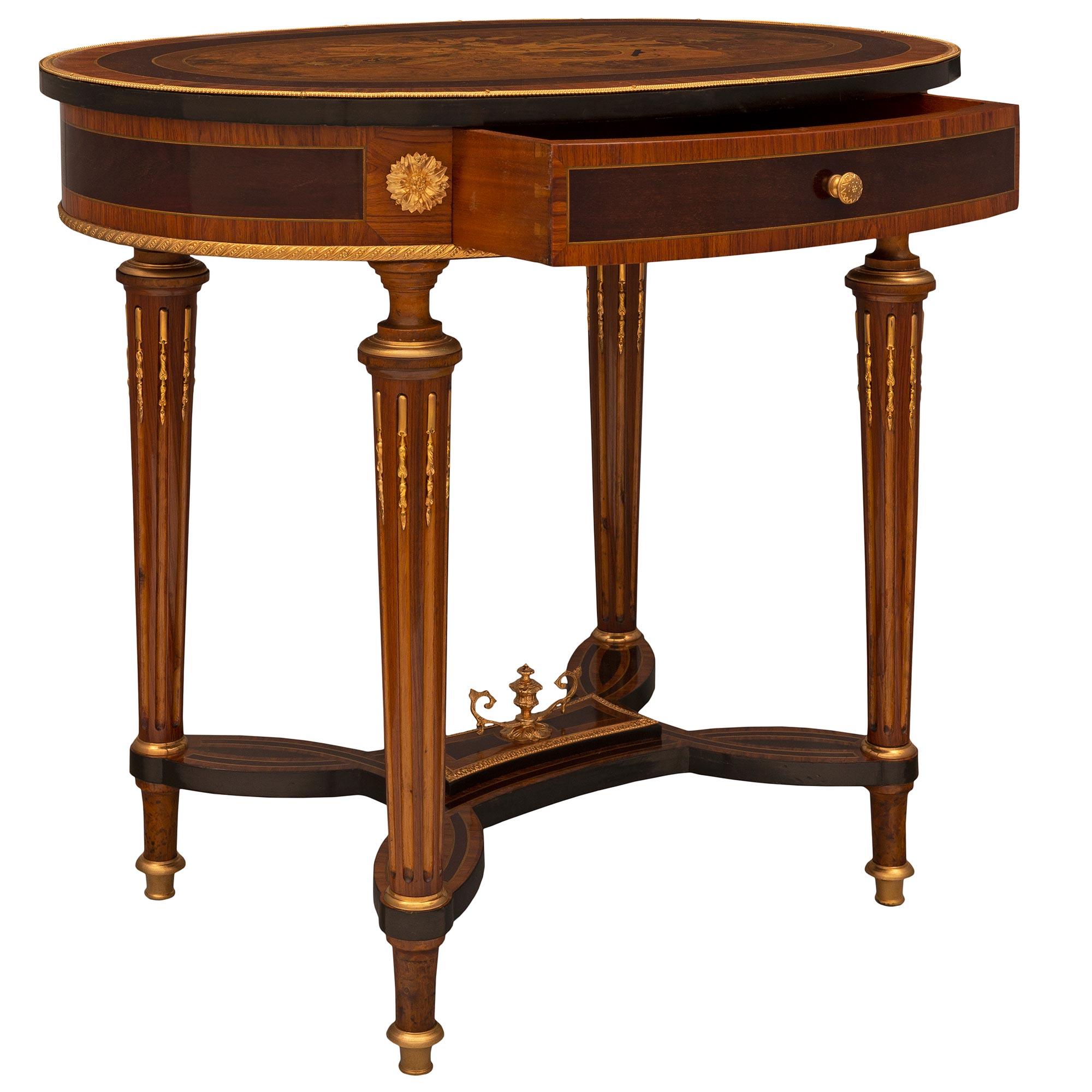 Walnut French 19th Century Louis XVI Style Marquetry Top Table with One Drawer For Sale