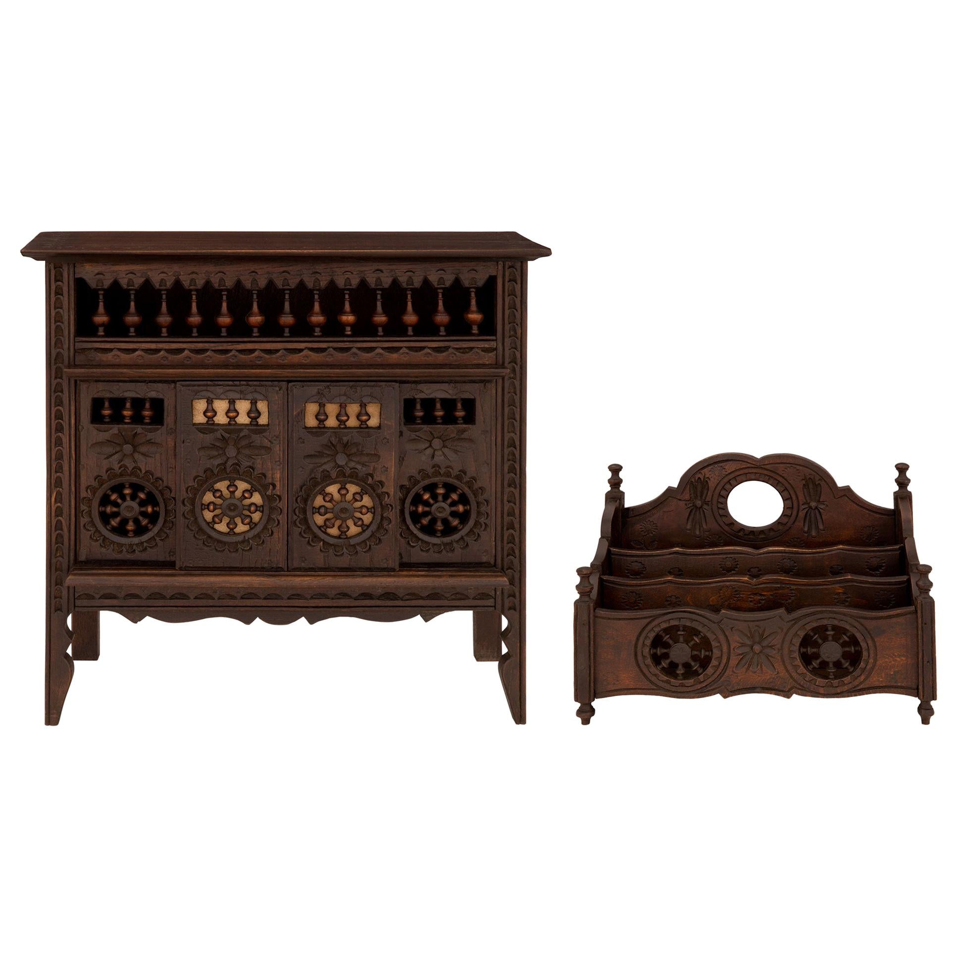 French 19th Century Louis XVI Style Miniature Oak Chest and Letter Carrier For Sale