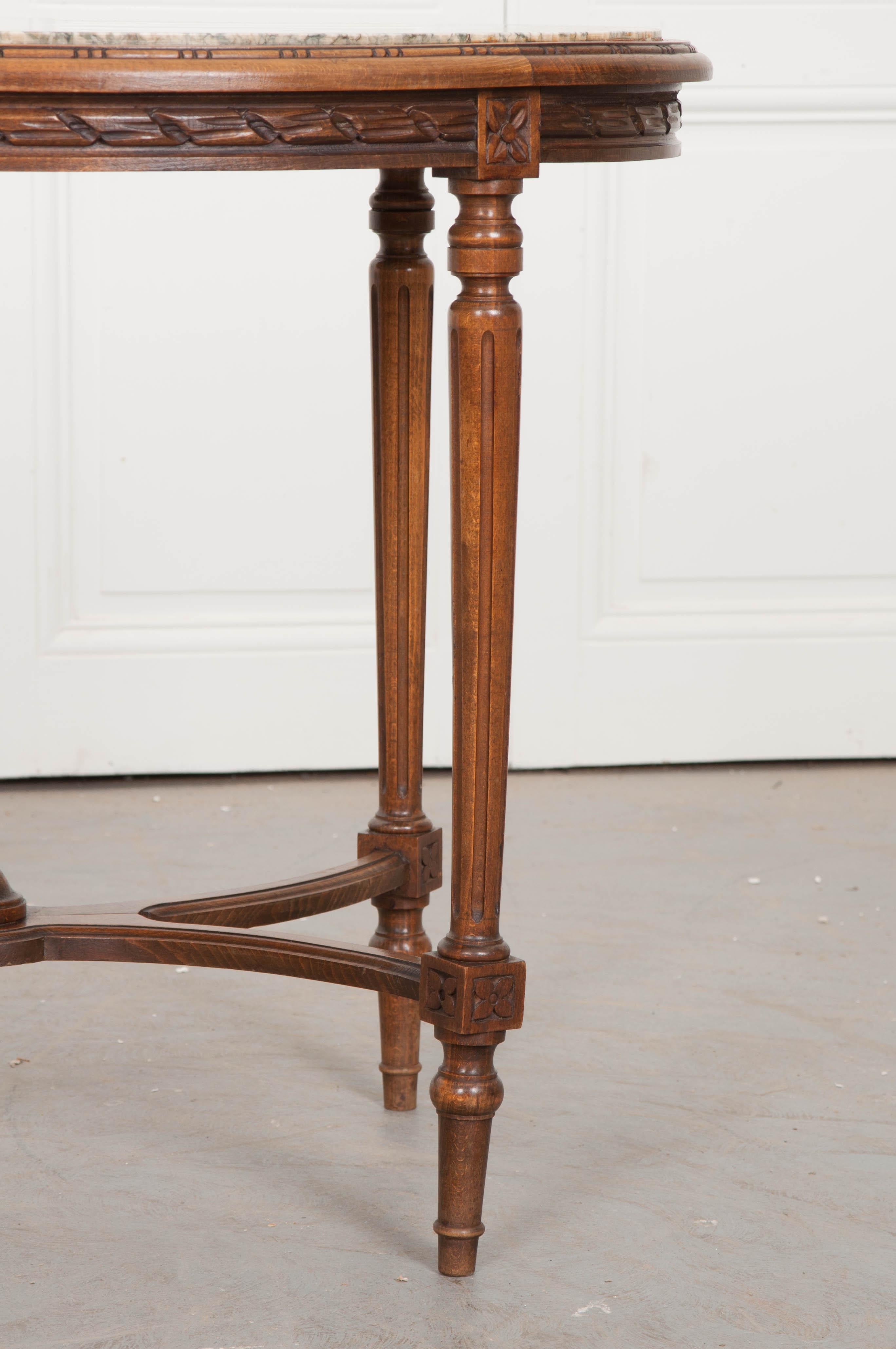 Hand-Carved French 19th Century Louis XVI Style Oak Marble-Top Table