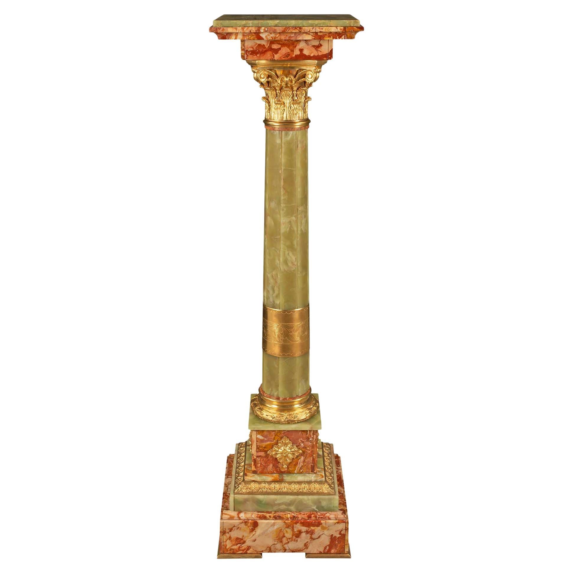 French 19th Century Louis XVI Style Onyx and Red Marble Pedestal Column For Sale