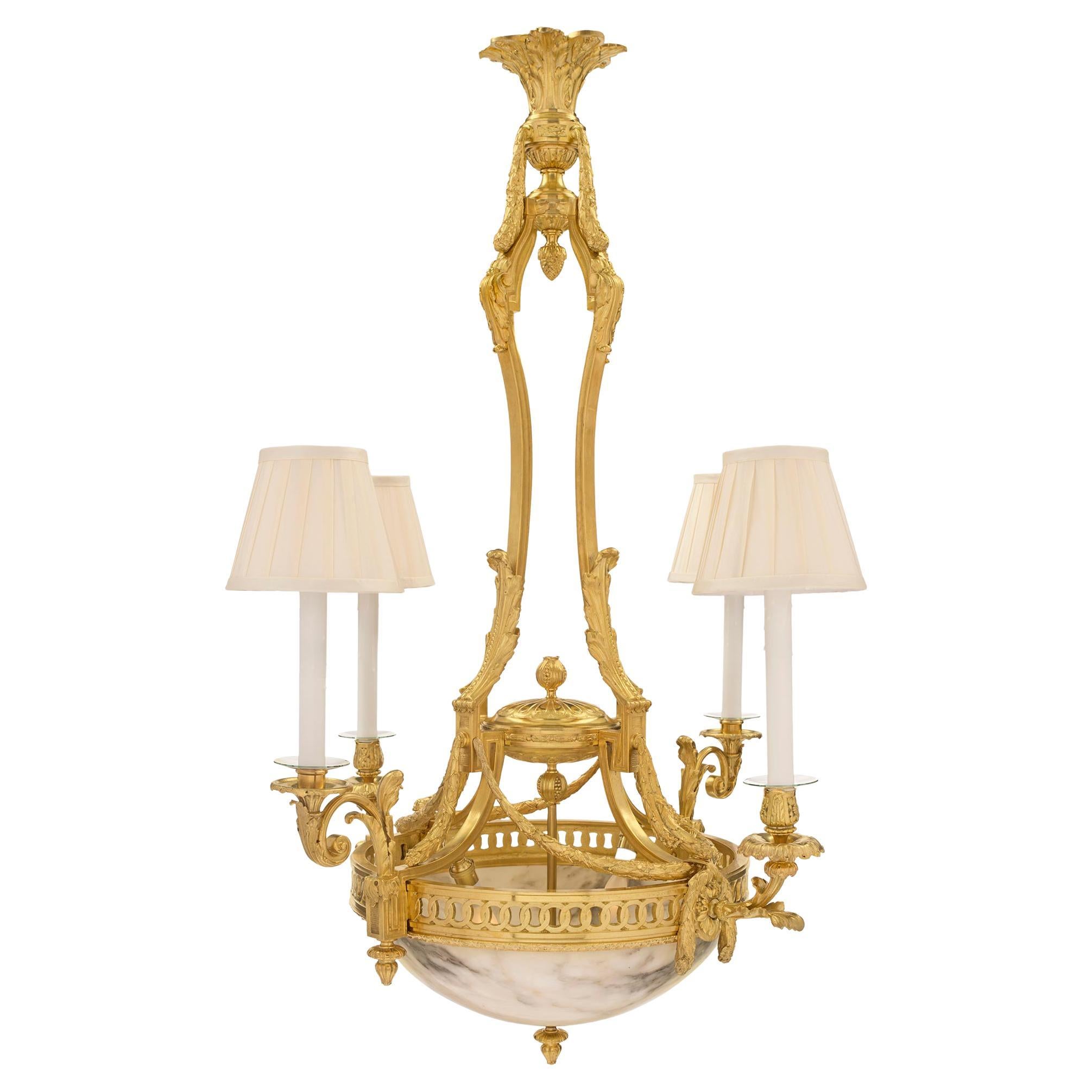 French 19th Century Louis XVI Style Ormolu and Alabaster Chandelier For Sale
