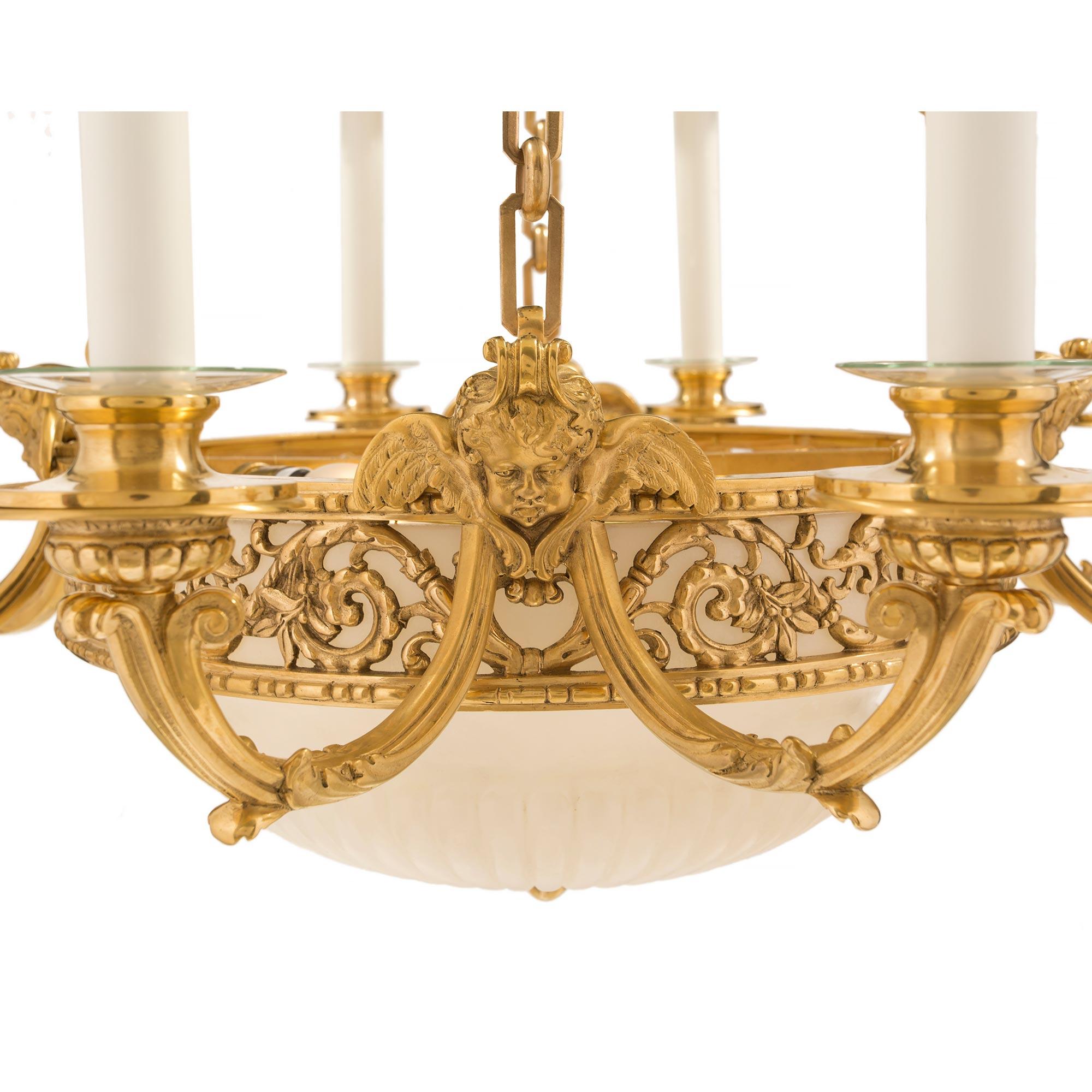 French 19th Century Louis XVI Style Ormolu and Alabaster Twelve-Light Chandelier For Sale 1