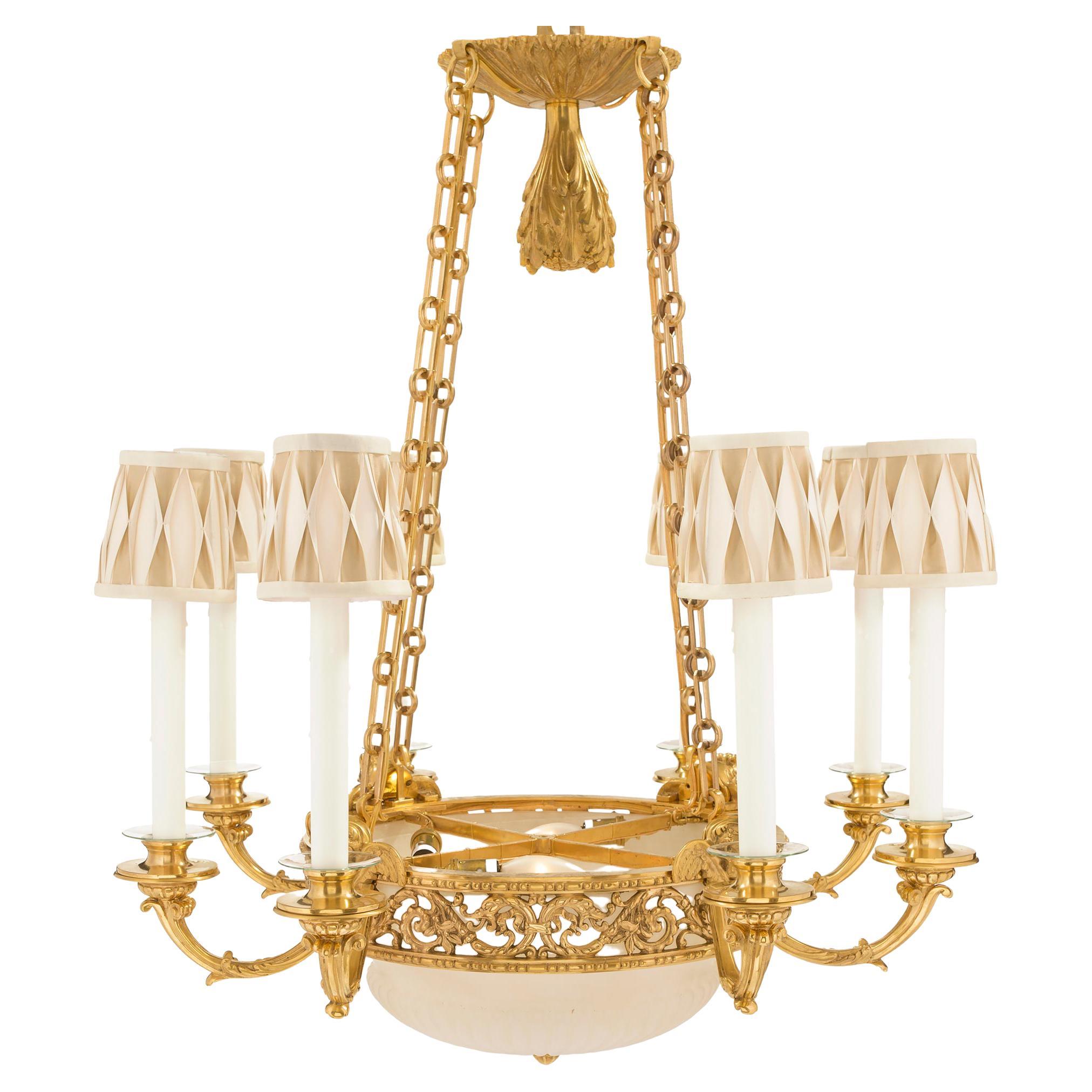 French 19th Century Louis XVI Style Ormolu and Alabaster Twelve-Light Chandelier For Sale
