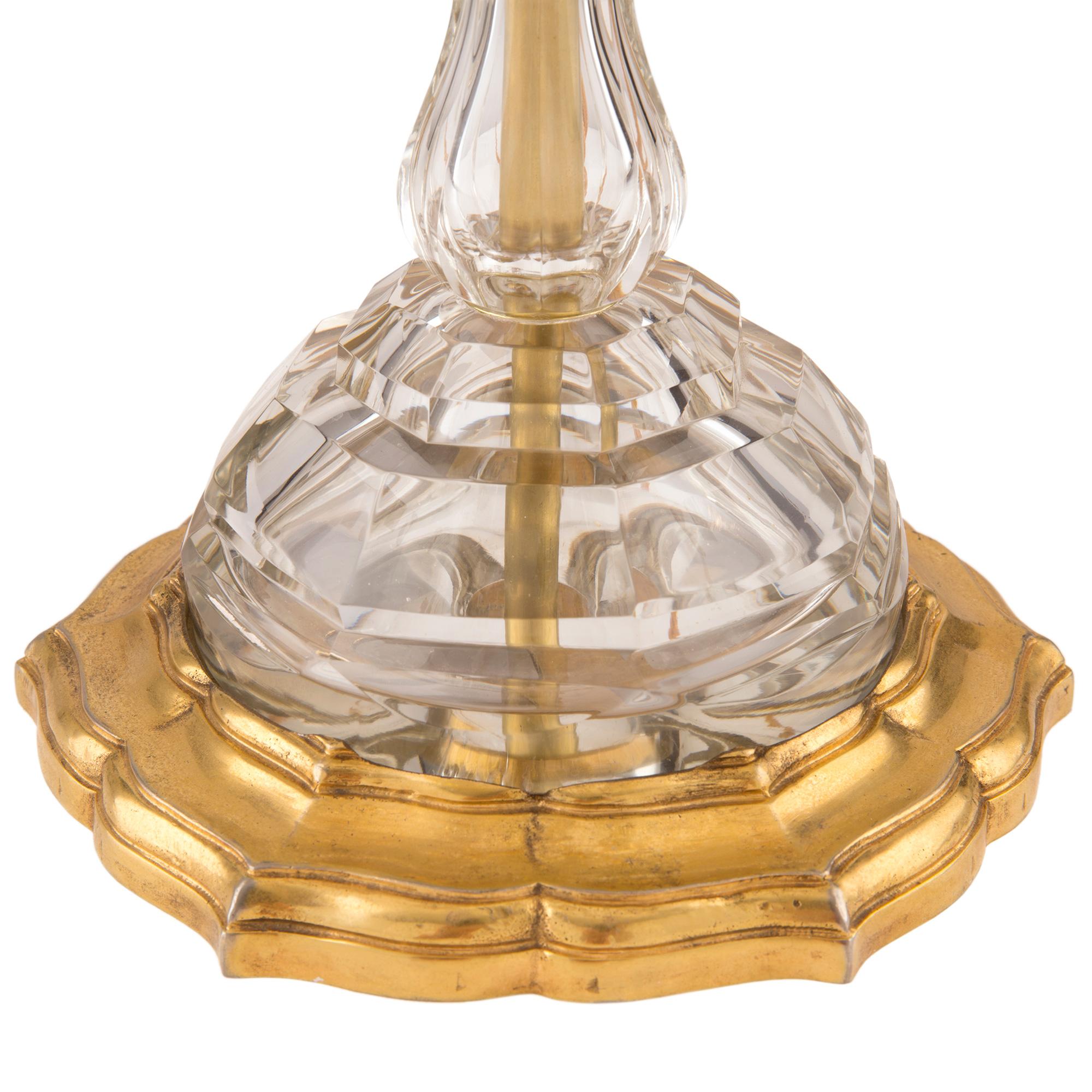 French 19th Century Louis XVI Style Ormolu and Baccarat Crystal Girandole Lamps For Sale 4