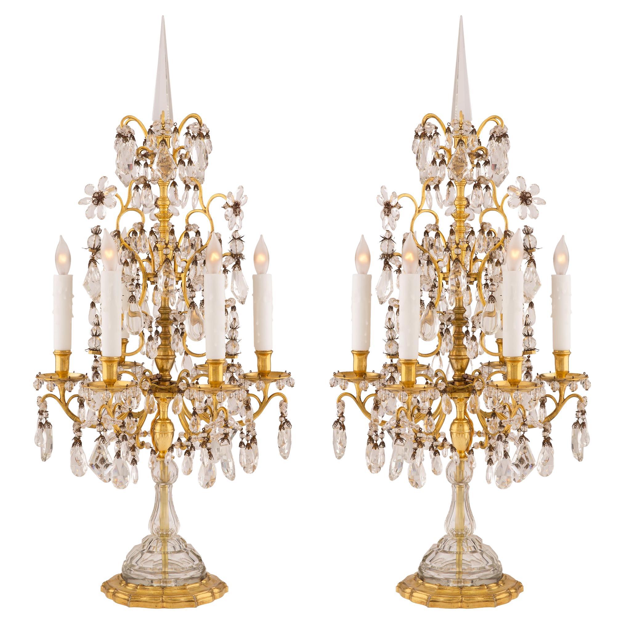 French 19th Century Louis XVI Style Ormolu and Baccarat Crystal Girandole Lamps