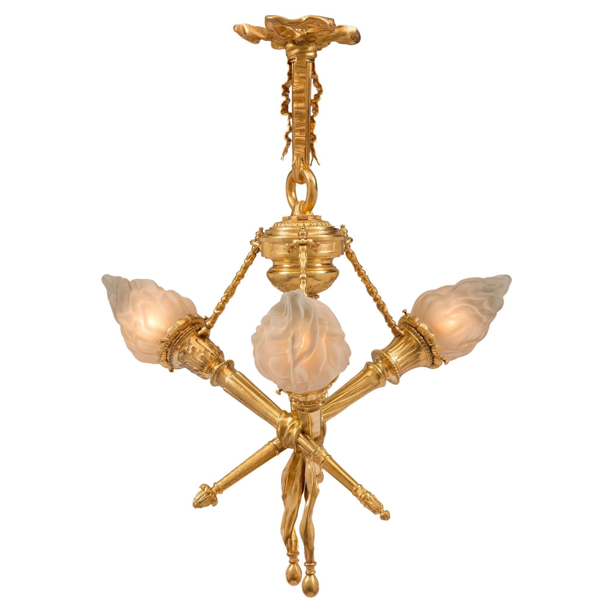 French 19th Century Louis XVI Style Ormolu and Glass Chandelier For Sale
