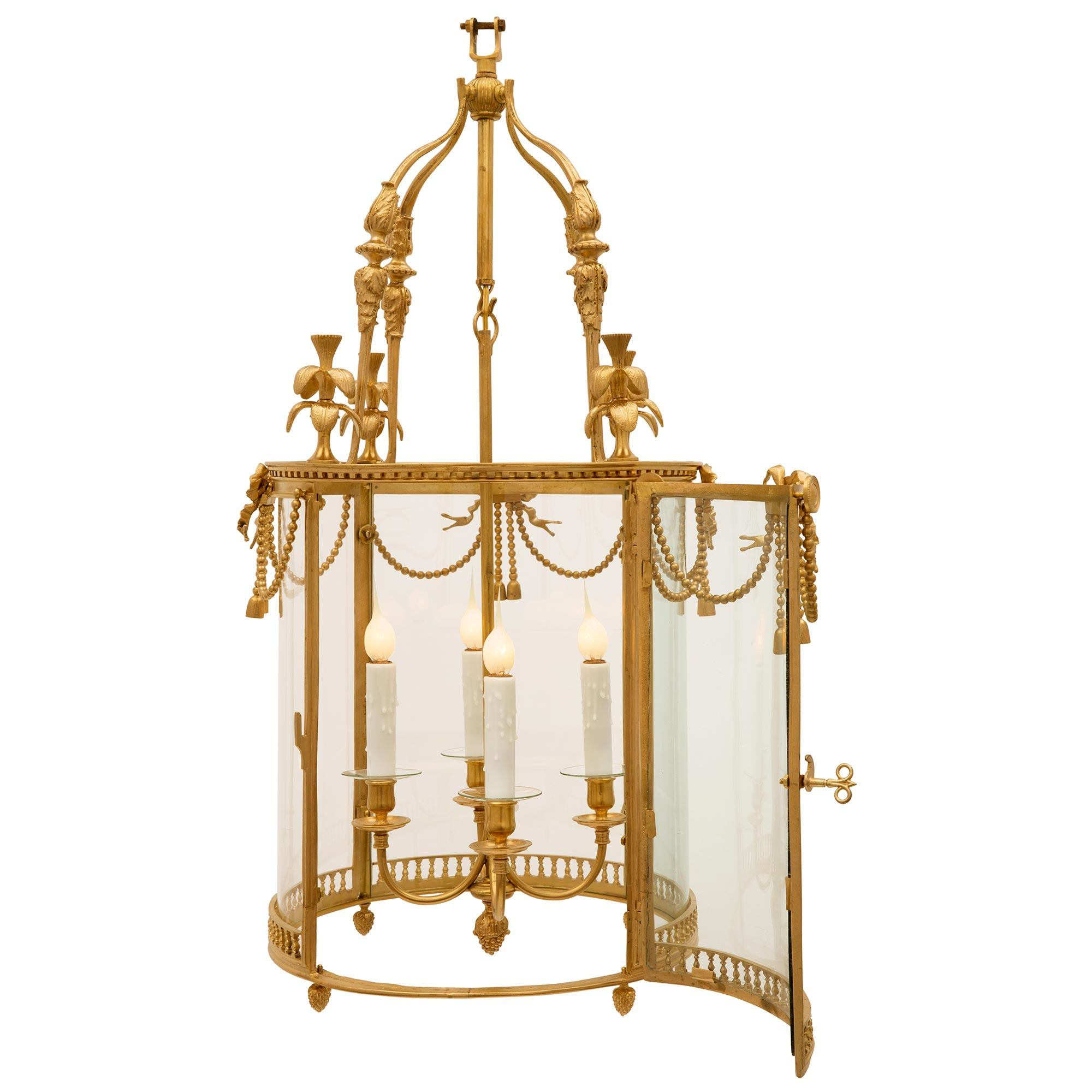 French 19th Century Louis XVI Style Ormolu and Glass Lantern In Good Condition For Sale In West Palm Beach, FL
