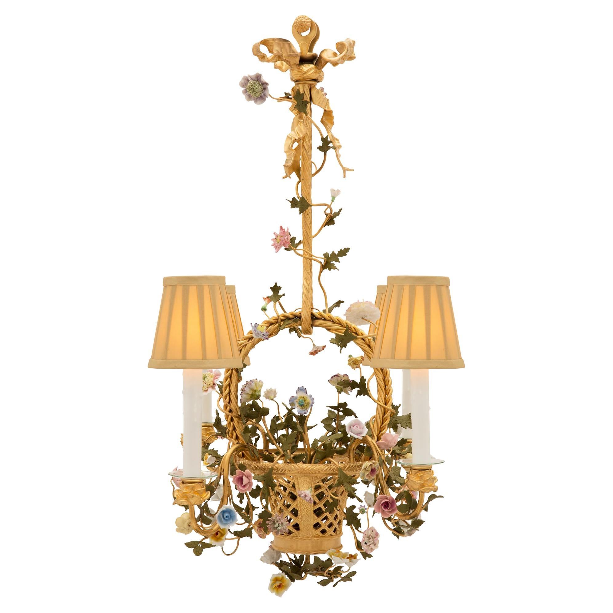 French 19th Century Louis XVI Style Ormolu and Saxe Porcelain Chandelier