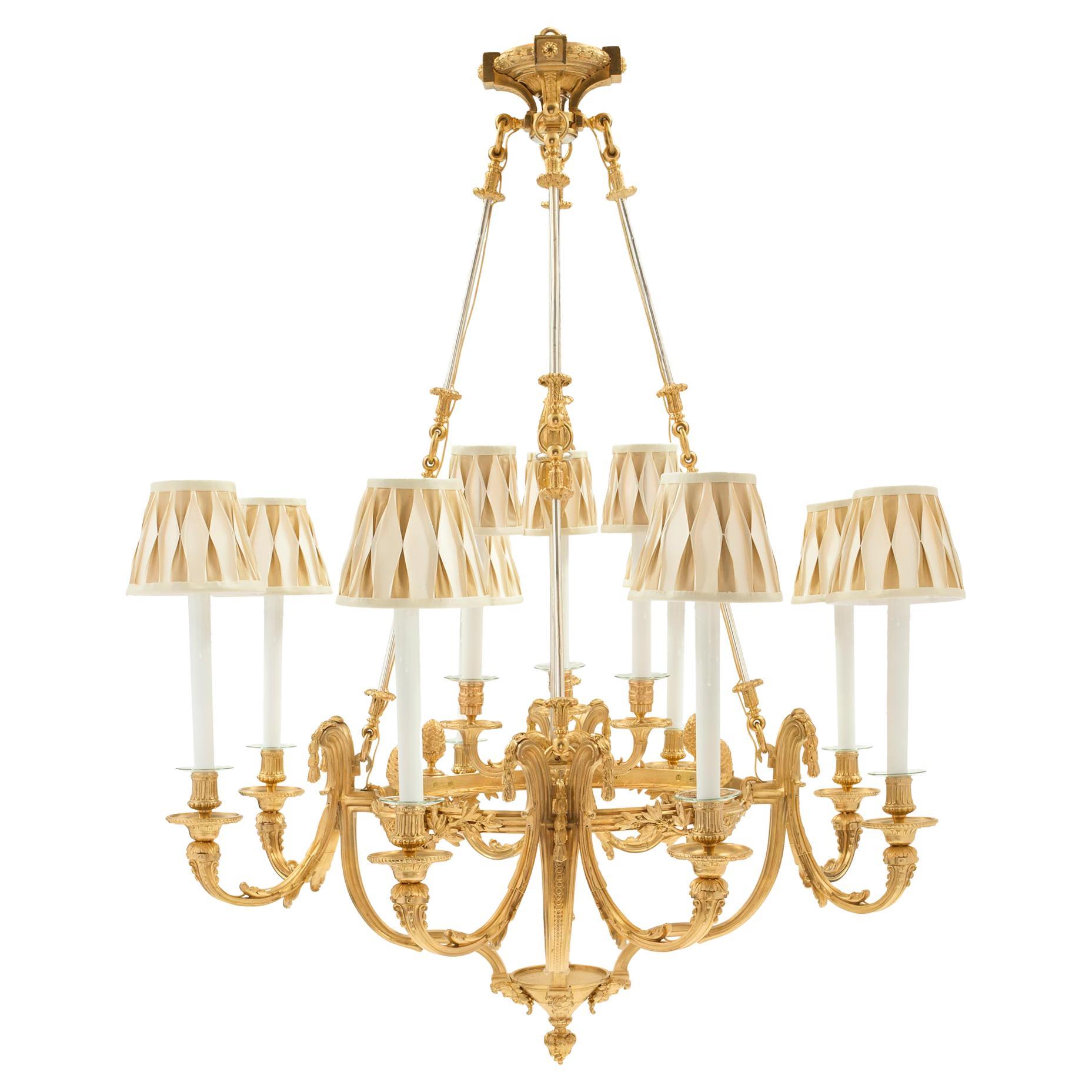 French 19th Century Louis XVI Style Ormolu and Silvered Bronze Chandelier For Sale