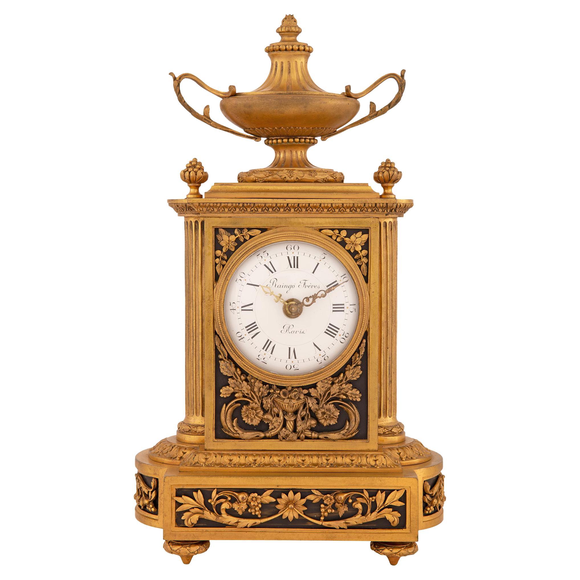 French 19th Century Louis XVI Style Ormolu Clock Signed 'Raingo Freres, Paris