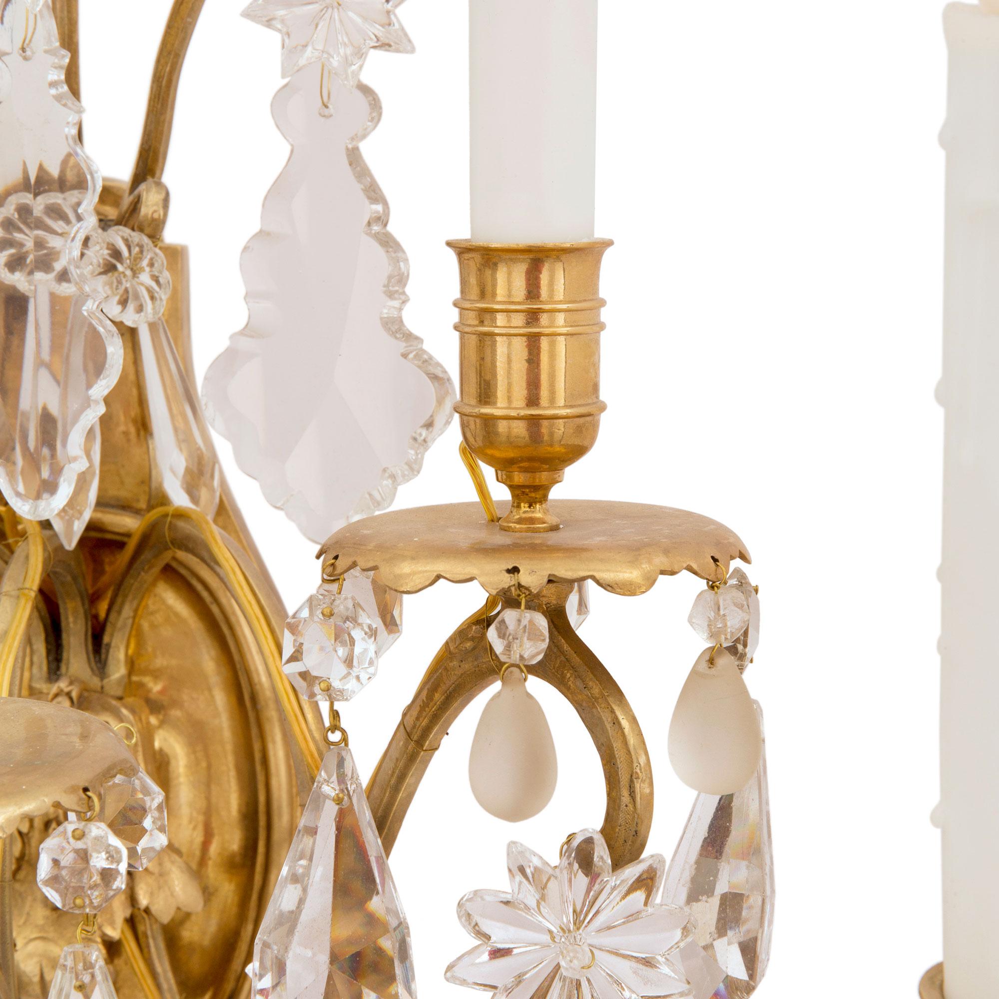 French 19th Century Louis XVI Style Ormolu, Crystal and Frosted Crystal Sconces For Sale 1