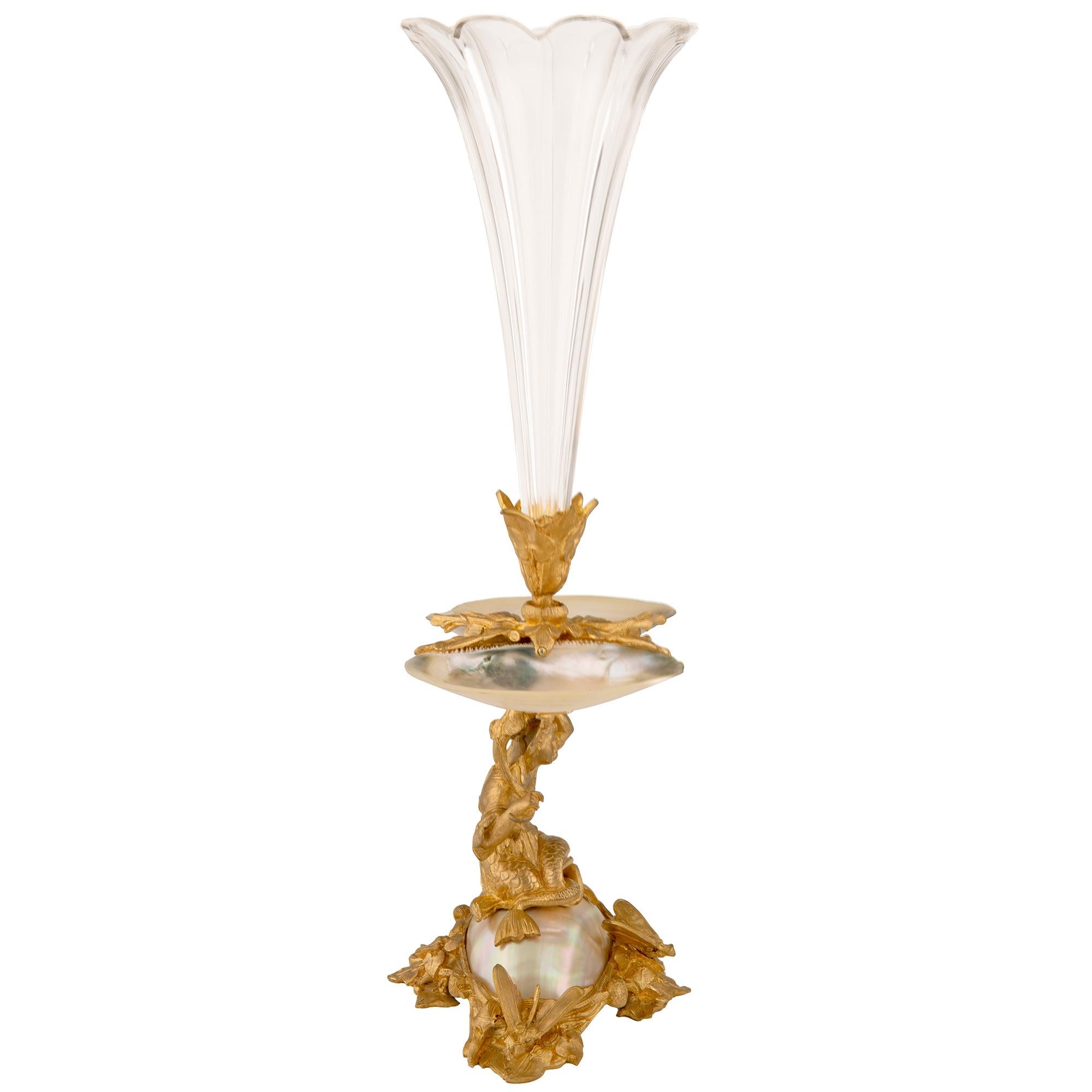 French 19th Century Louis XVI Style Ormolu, Crystal and Mother of Pearl Vase In Good Condition For Sale In West Palm Beach, FL