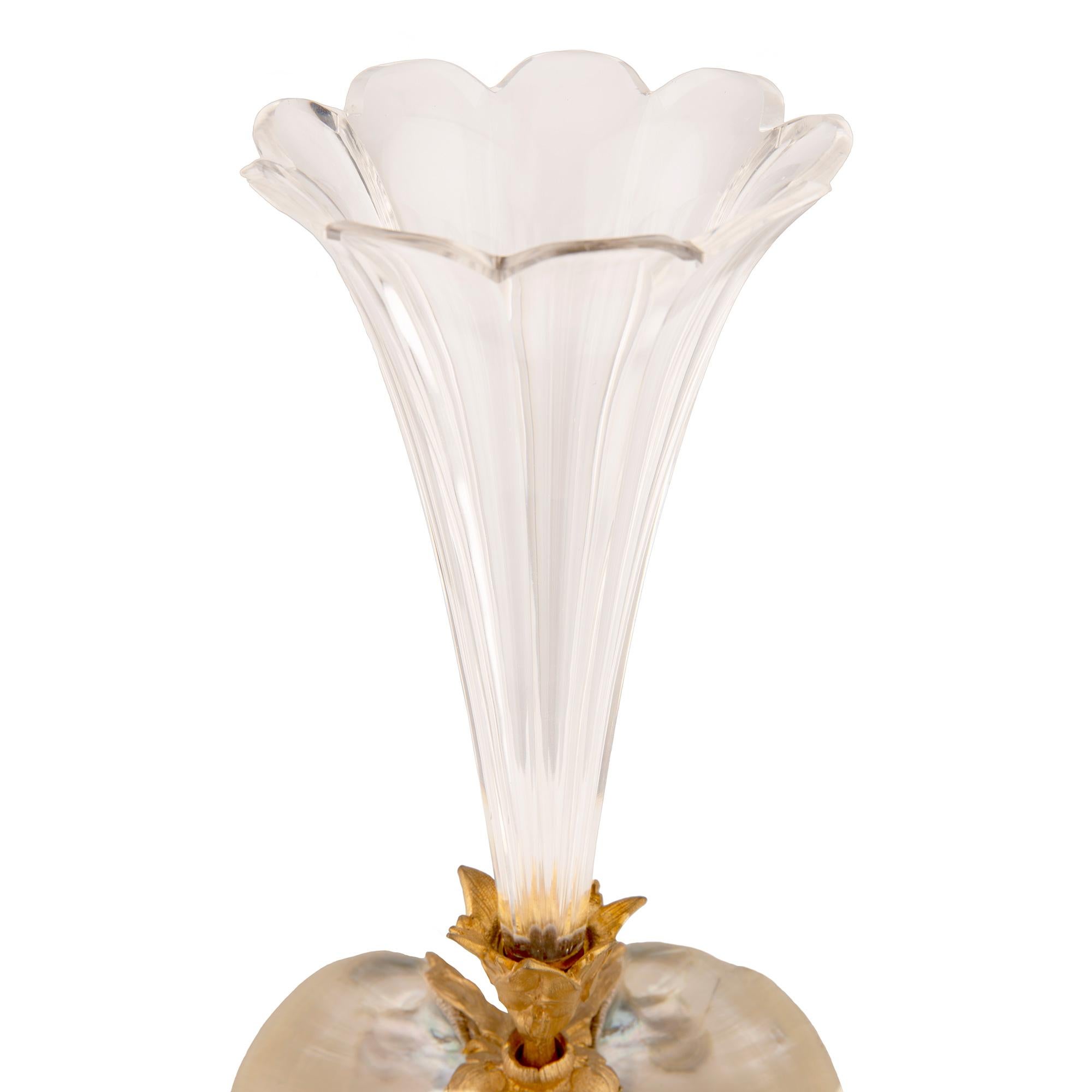 French 19th Century Louis XVI Style Ormolu, Crystal and Mother of Pearl Vase For Sale 1