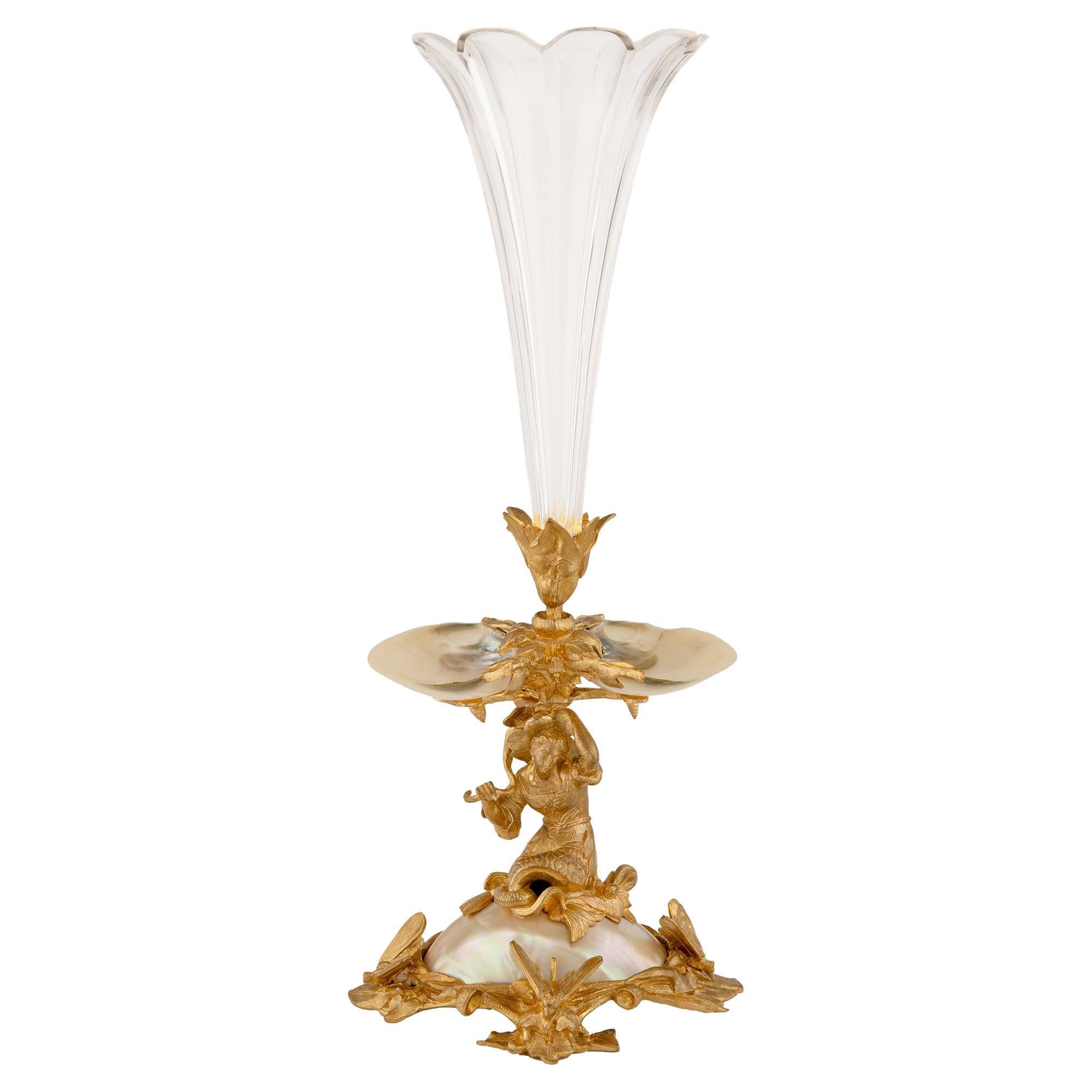 French 19th Century Louis XVI Style Ormolu, Crystal and Mother of Pearl Vase For Sale