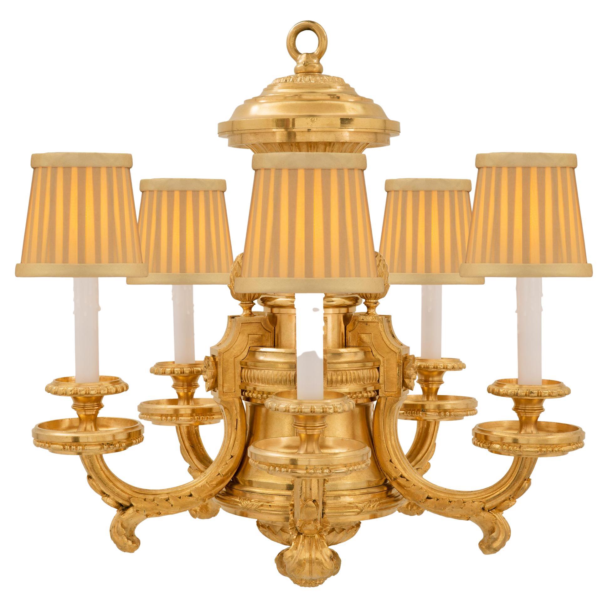 French 19th Century Louis XVI Style Ormolu Five-Arm Chandelier