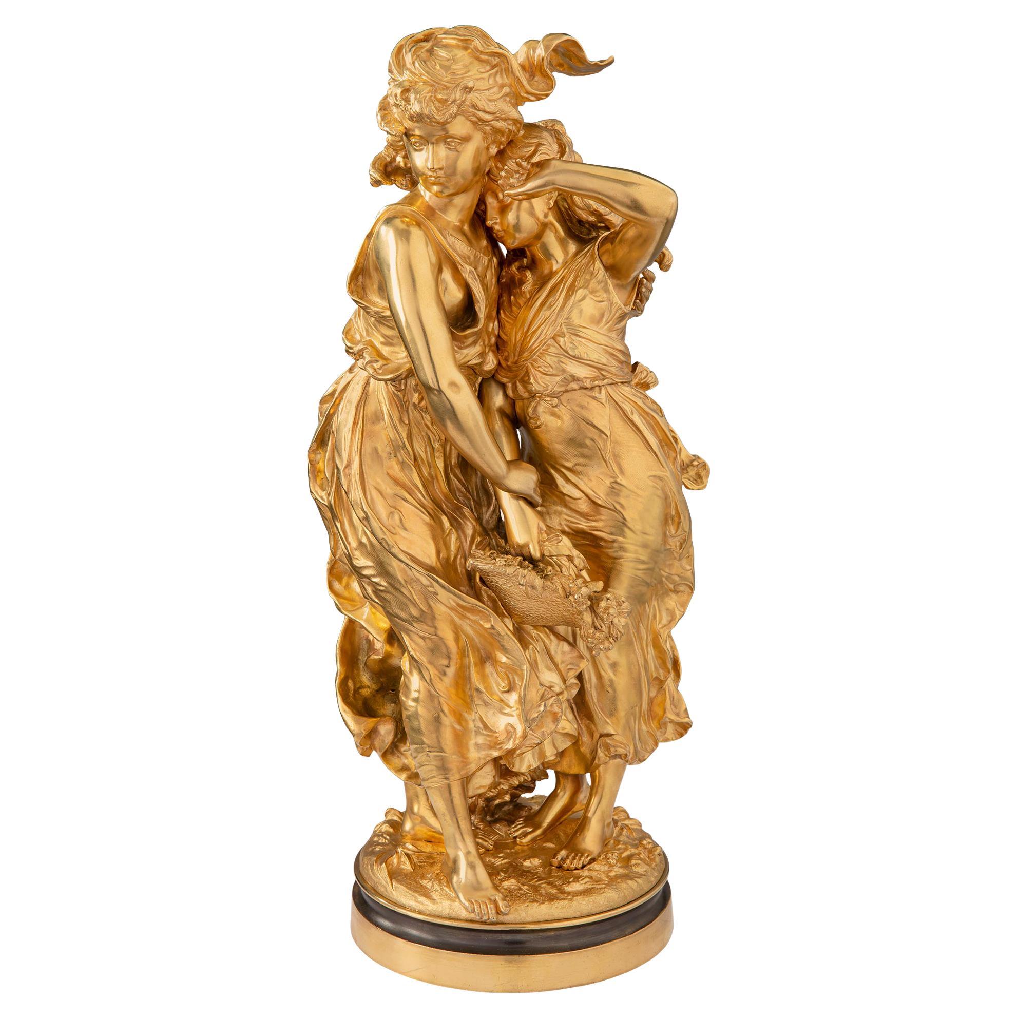 French 19th Century Louis XVI Style Ormolu Statue of Two Maidens, Signed Moreau For Sale