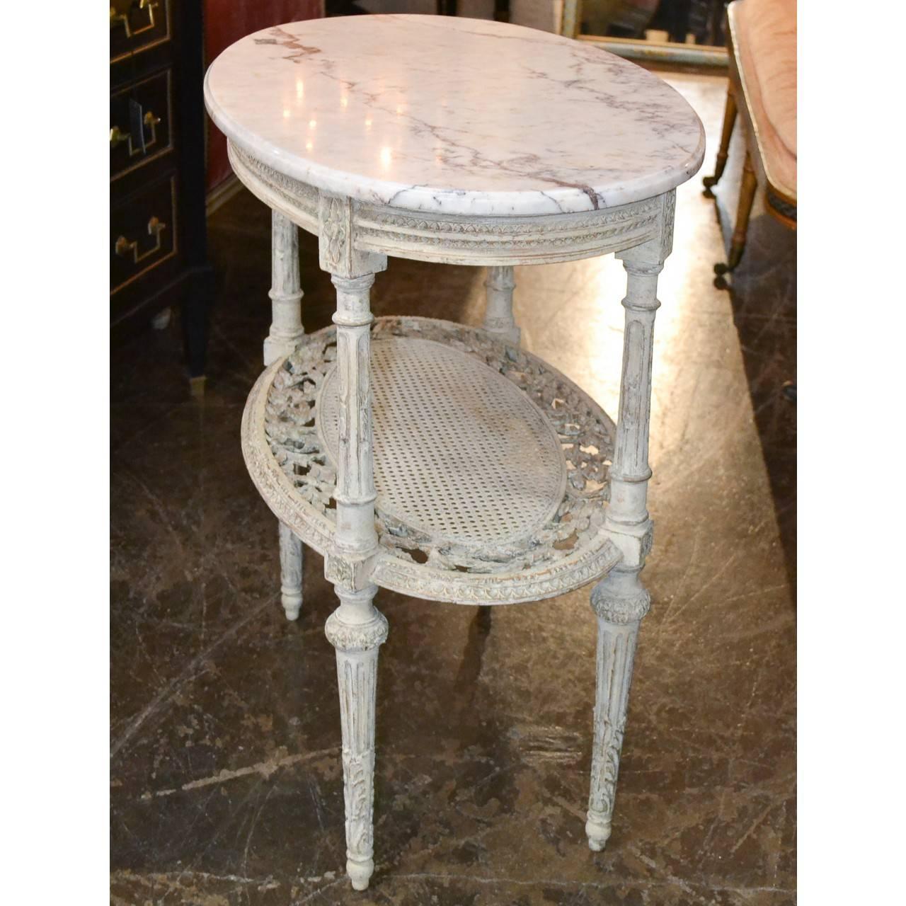 Cane French 19th Century Louis XVI Style Oval Side Table with Marble Top