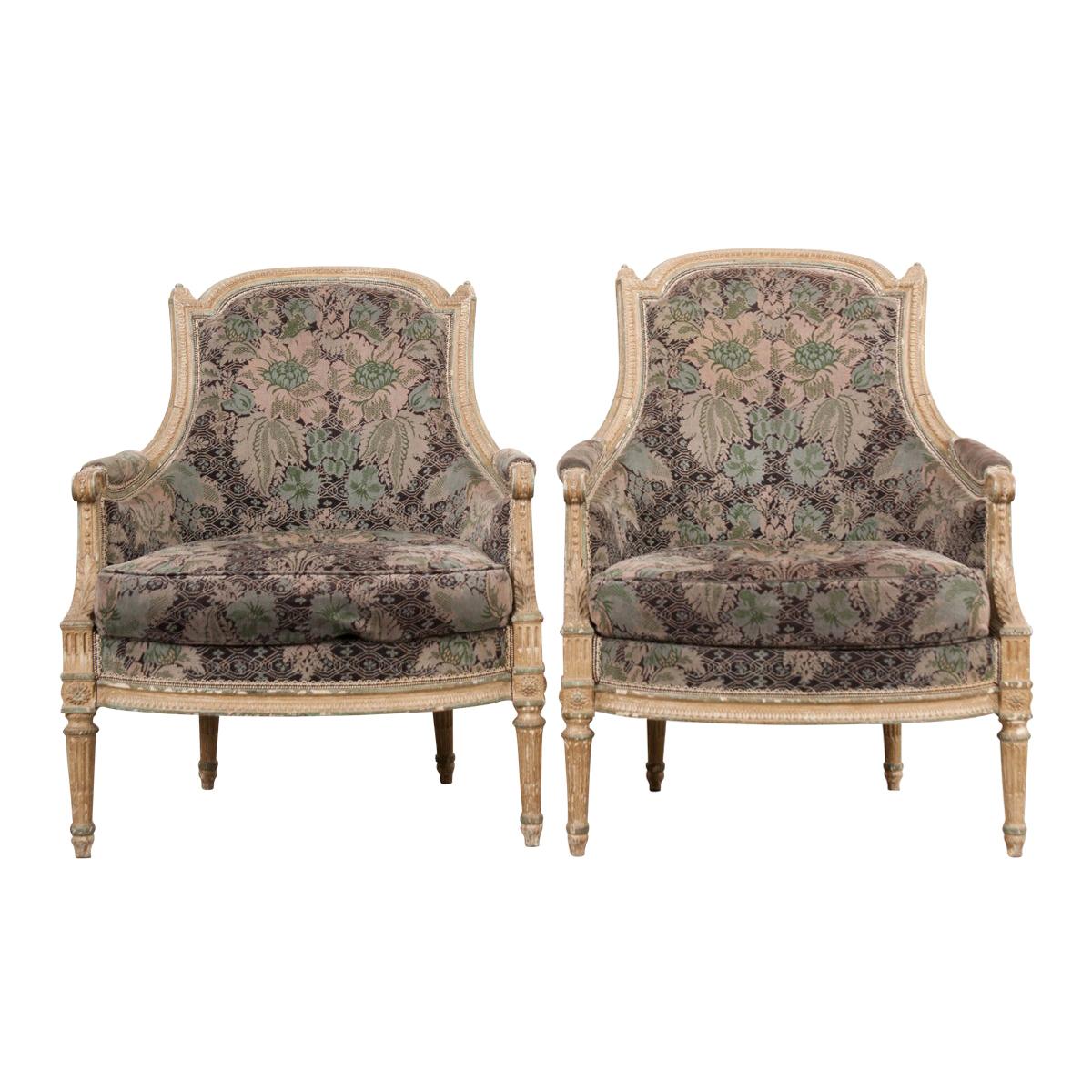 French 19th Century Louis XVI-Style Pair of Painted Bergères