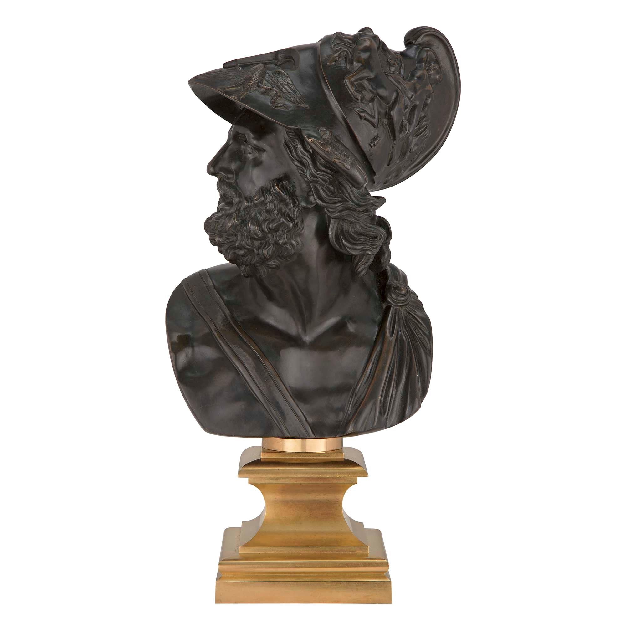 French 19th Century Louis XVI Style Patinated Bronze and Ormolu Bust of Menelaus For Sale