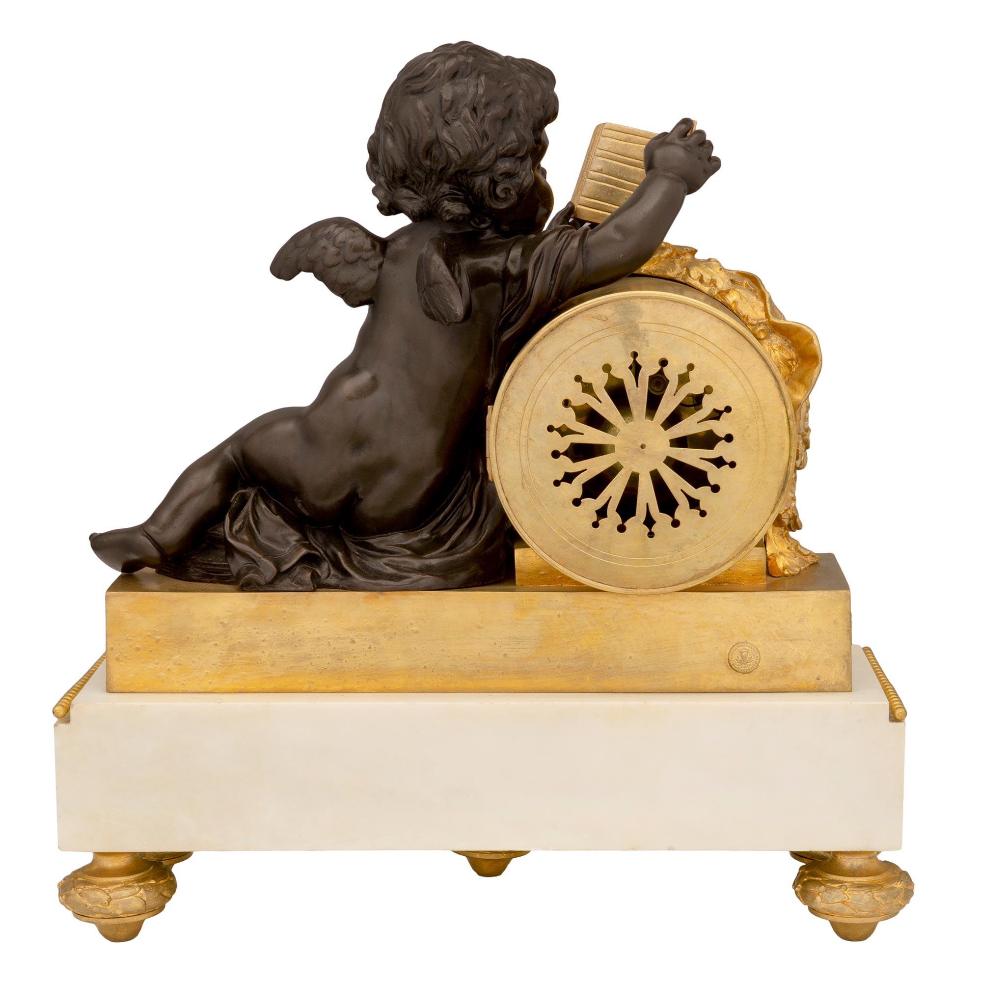 French 19th Century Louis XVI Style Patinated Bronze, Ormolu and Marble Clock For Sale 10