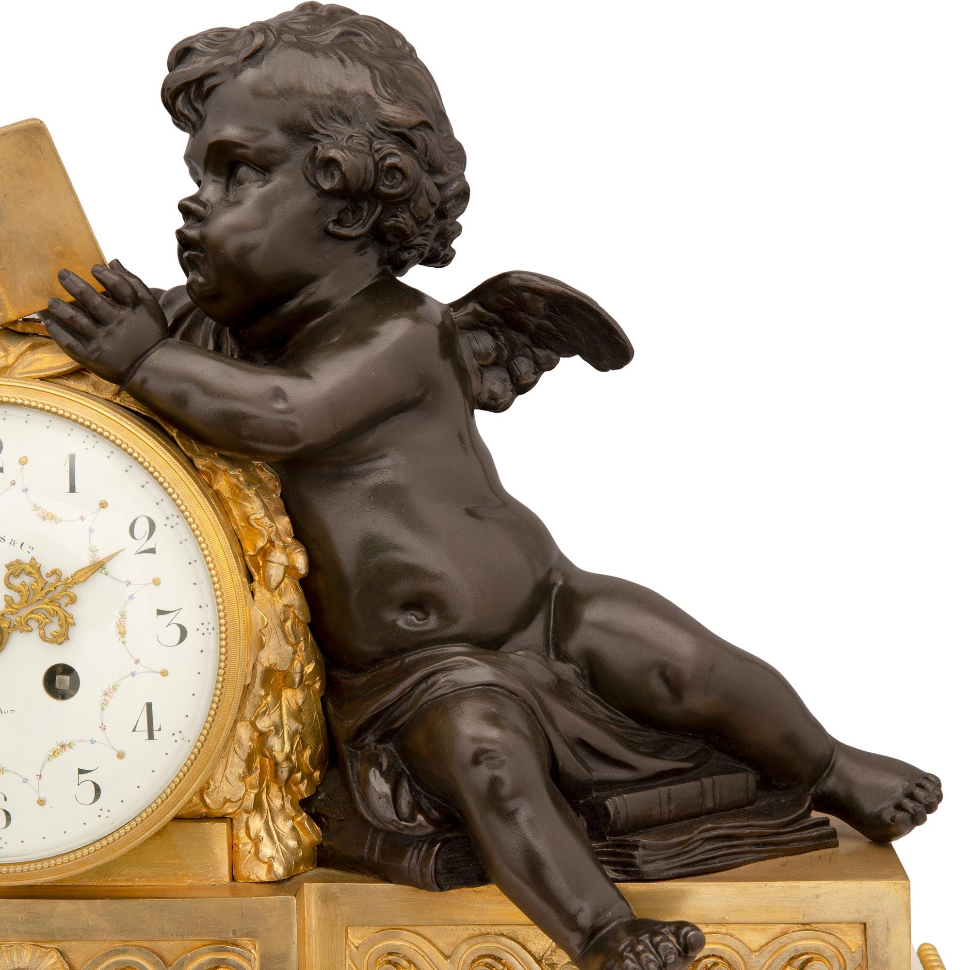 French 19th Century Louis XVI Style Patinated Bronze, Ormolu and Marble Clock For Sale 1