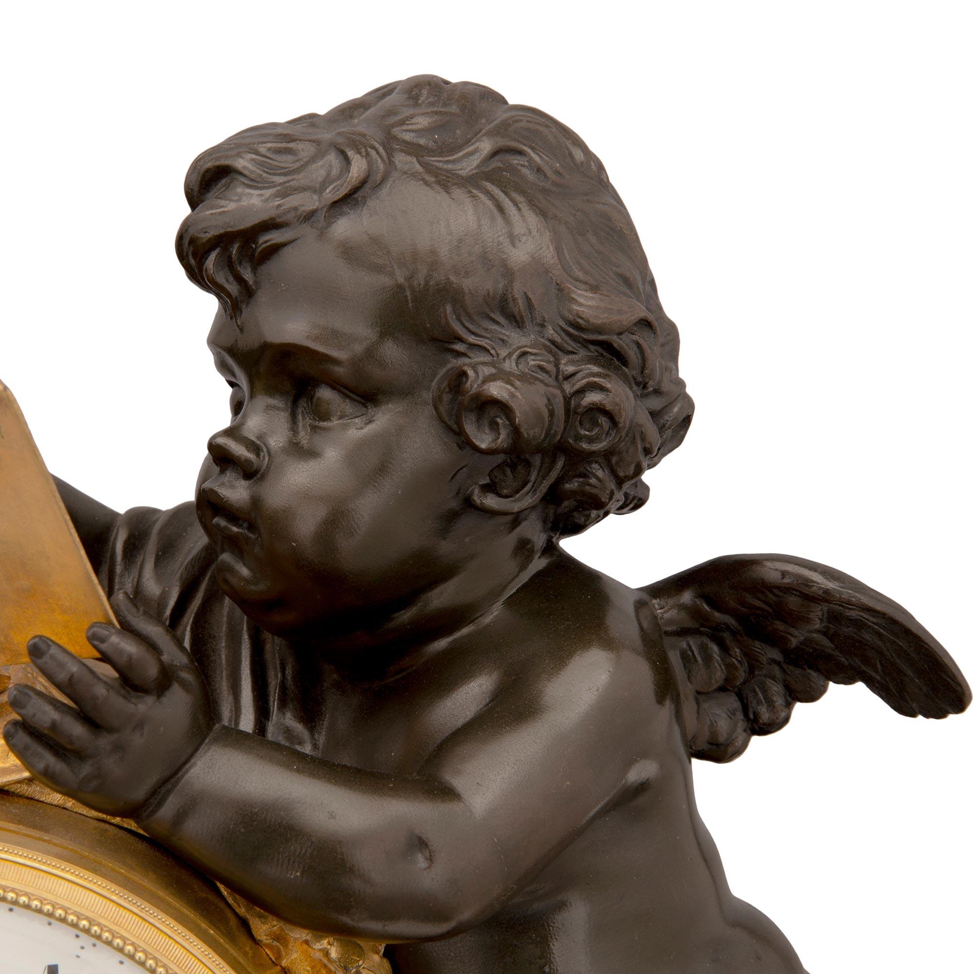 French 19th Century Louis XVI Style Patinated Bronze, Ormolu and Marble Clock For Sale 2