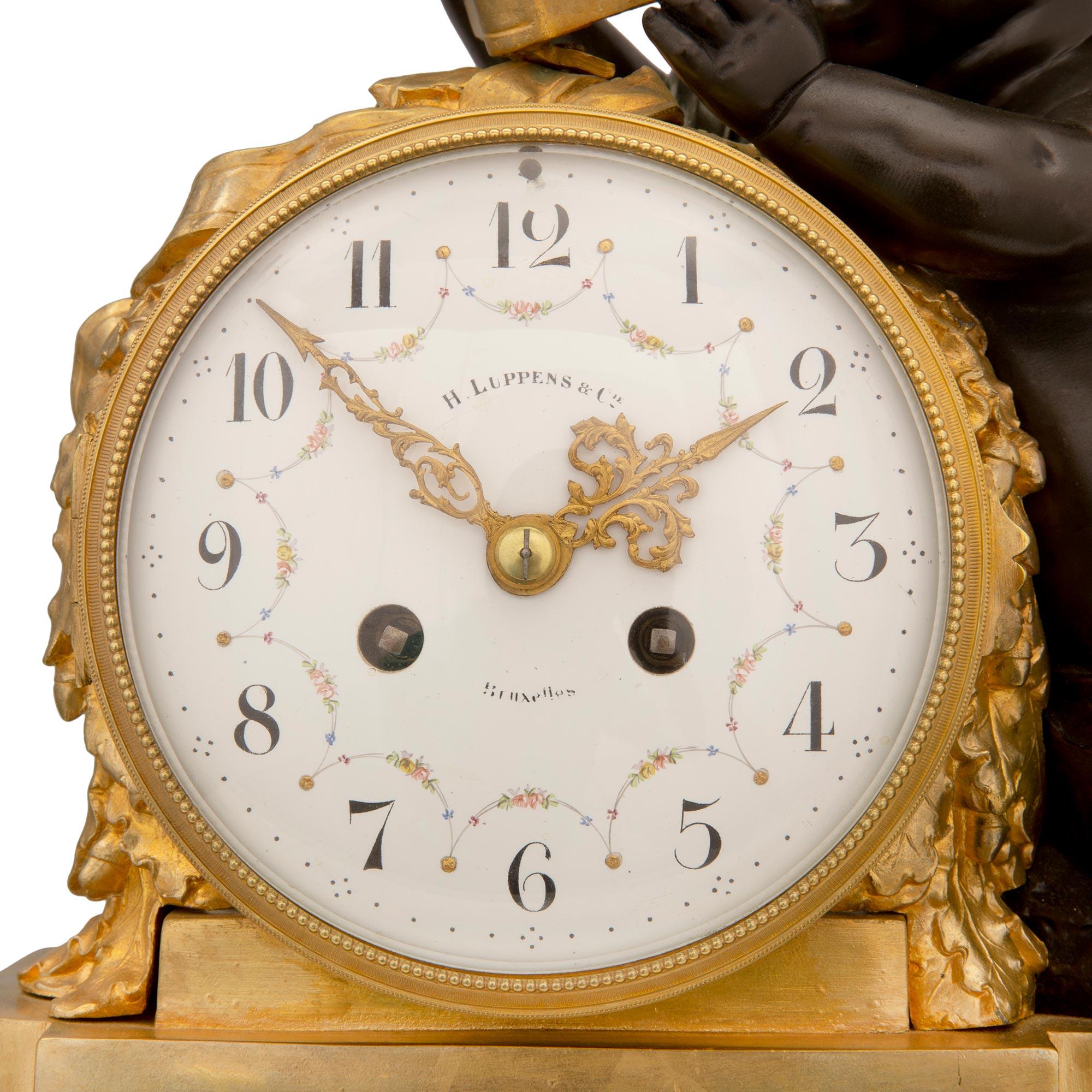 French 19th Century Louis XVI Style Patinated Bronze, Ormolu and Marble Clock For Sale 4