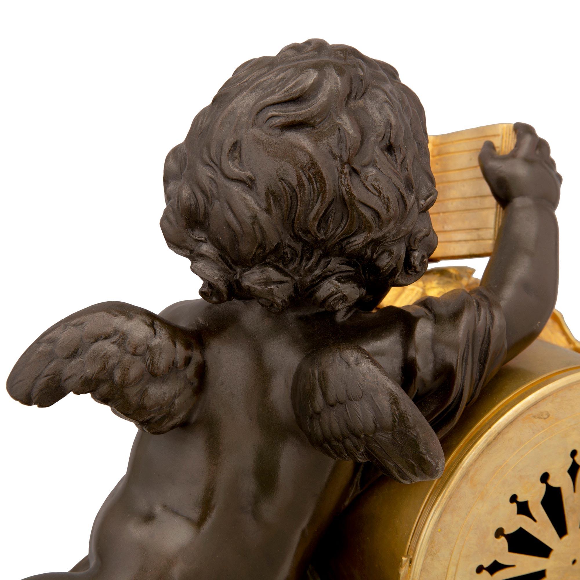 French 19th Century Louis XVI Style Patinated Bronze, Ormolu and Marble Clock For Sale 5