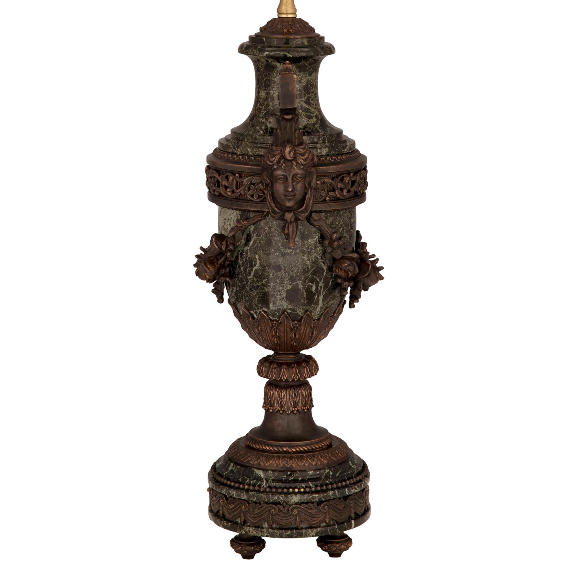 French 19th Century Louis XVI Style Patinated Bronze, Ormolu and Marble Lamp In Good Condition For Sale In West Palm Beach, FL