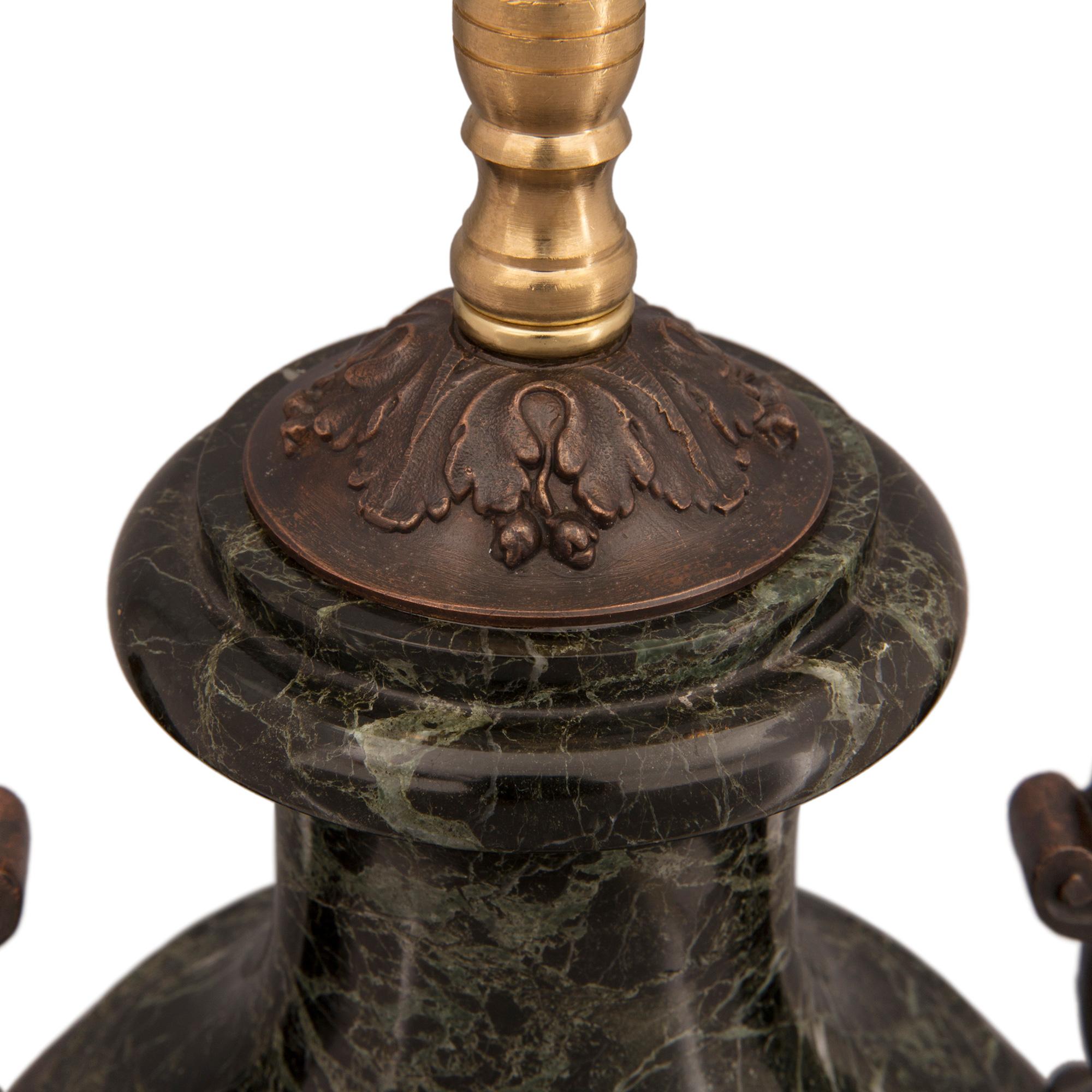 French 19th Century Louis XVI Style Patinated Bronze, Ormolu and Marble Lamp For Sale 1