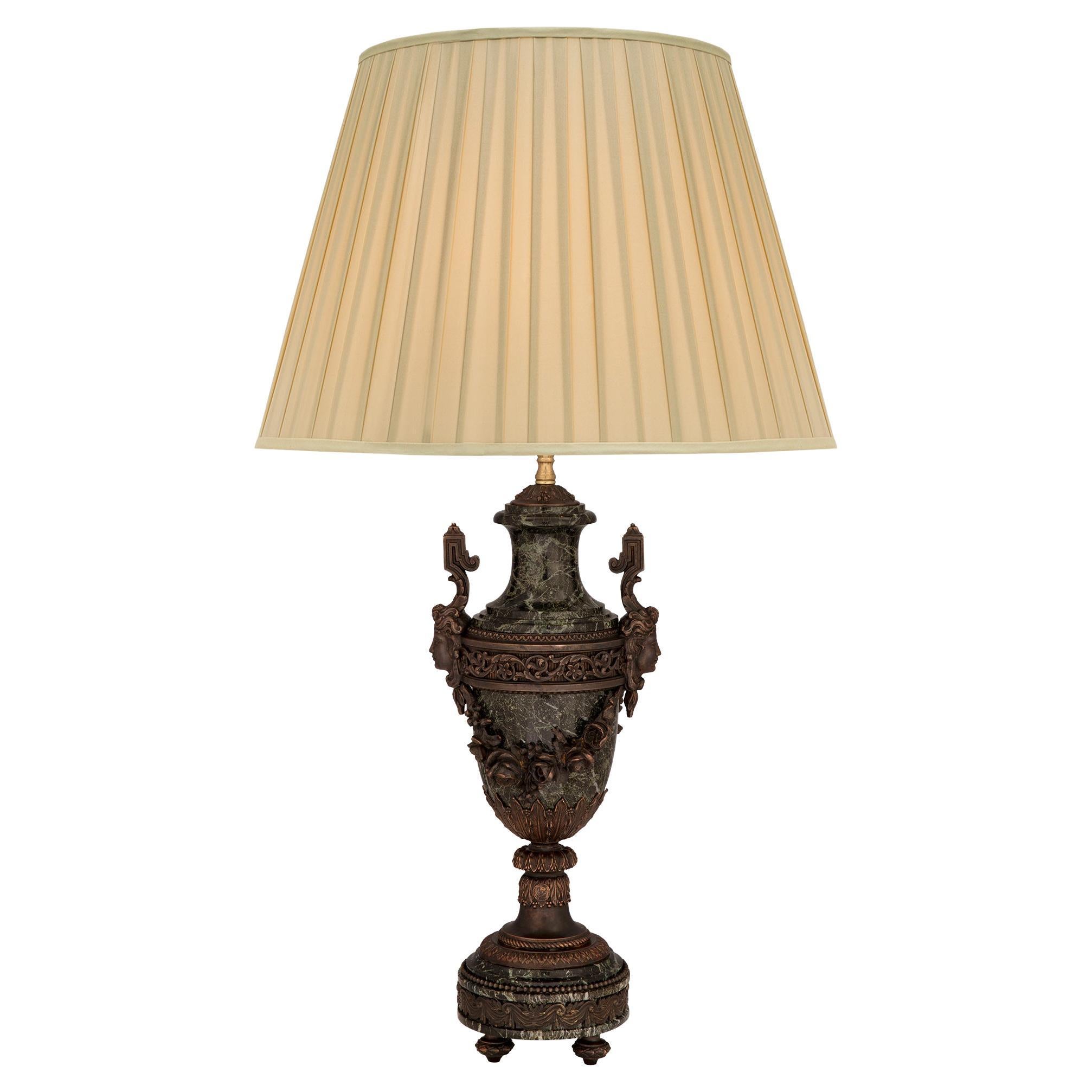 French 19th Century Louis XVI Style Patinated Bronze, Ormolu and Marble Lamp For Sale