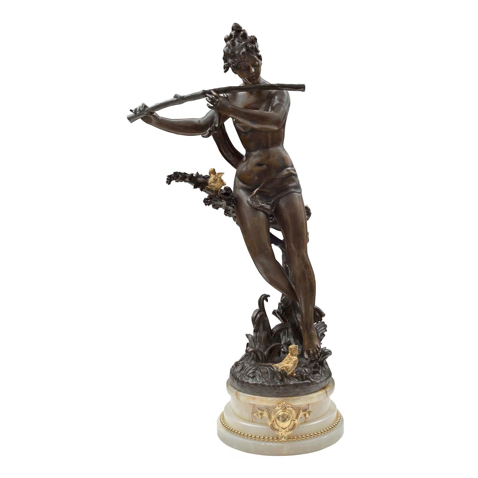 Statue française du 19ème siècle de style Louis XVI en bronze patiné, bronze doré et onyx en vente