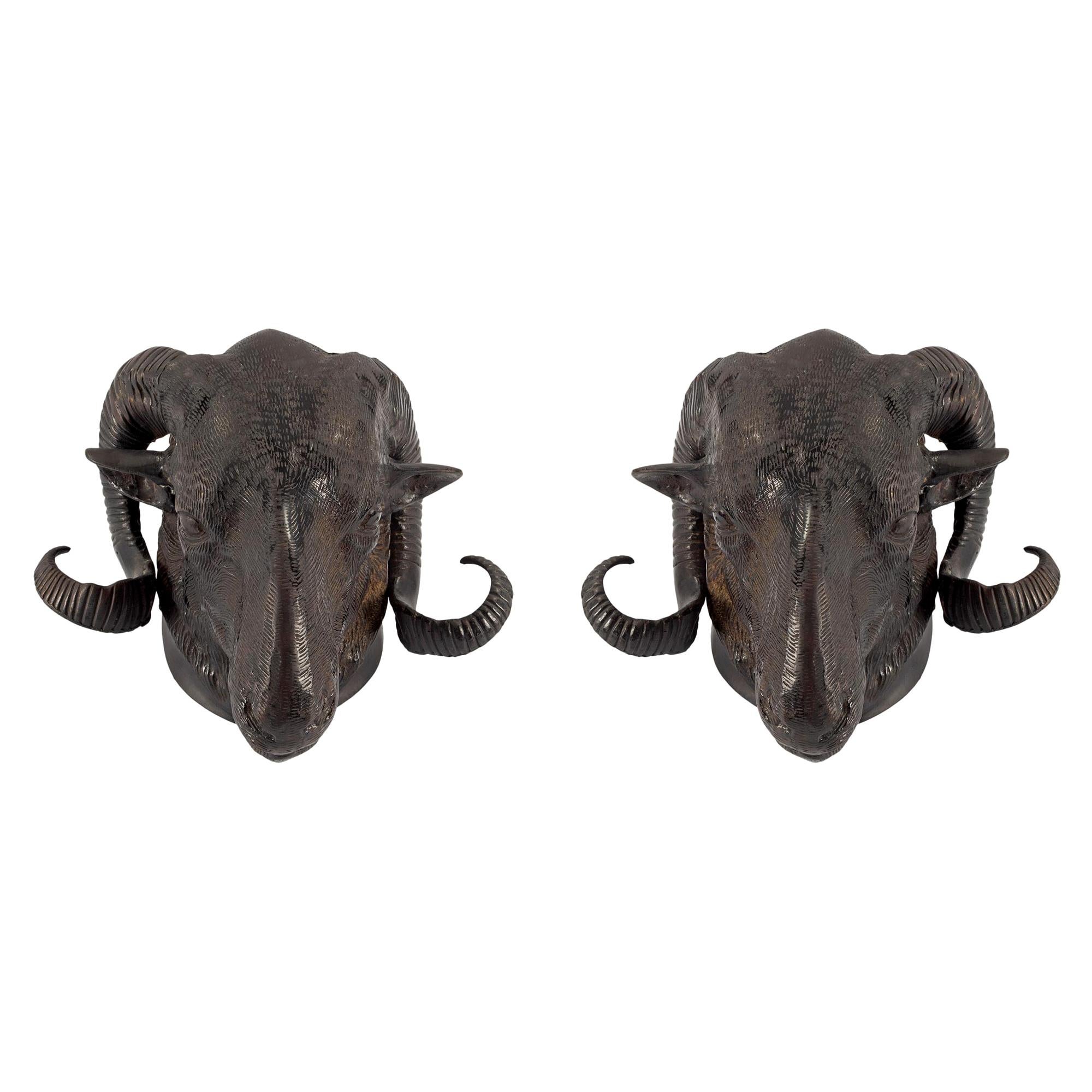 French 19th Century Louis XVI Style Patinated Bronze Ram Heads