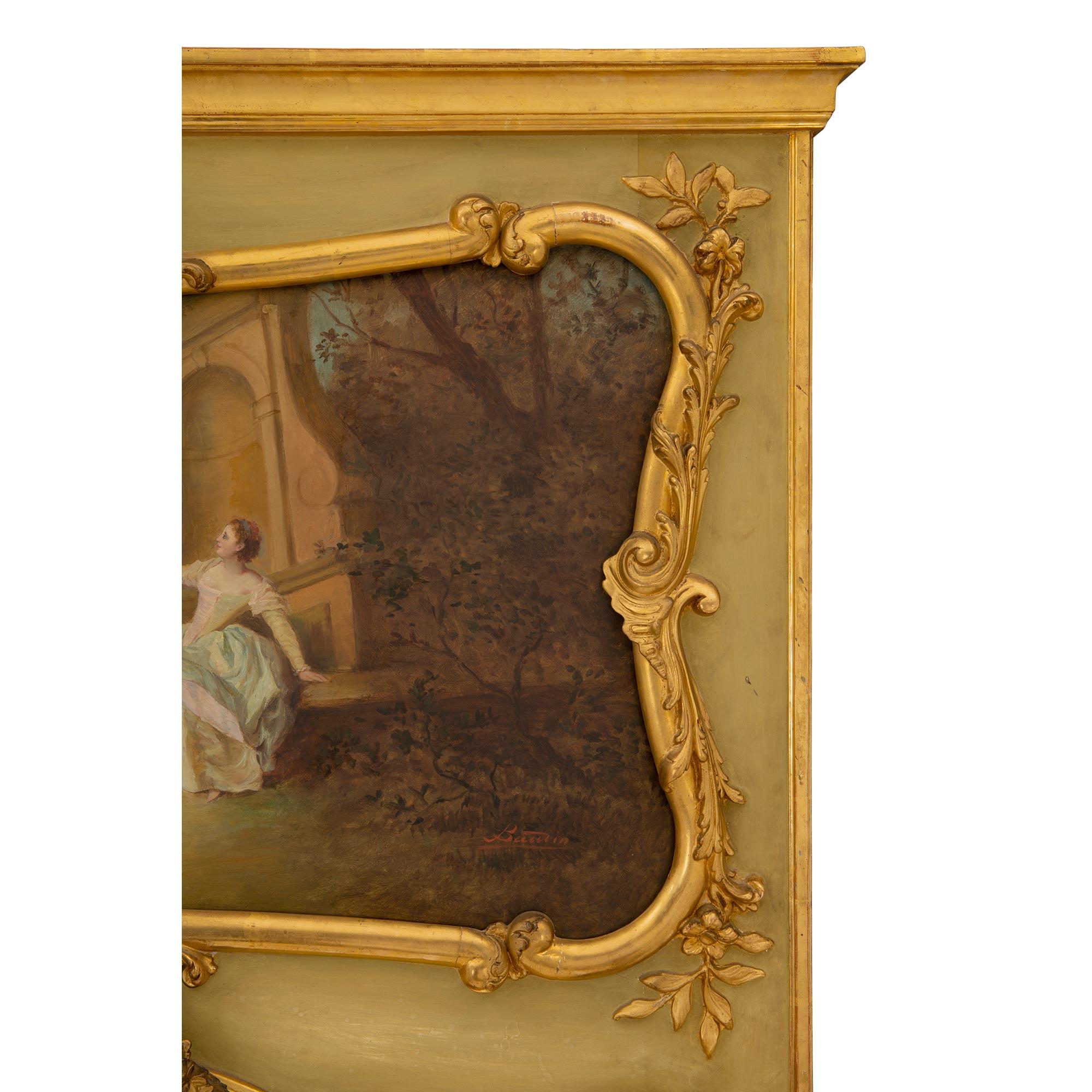 French 19th Century Louis XVI Style Patinated Green and Giltwood Trumeau For Sale 4