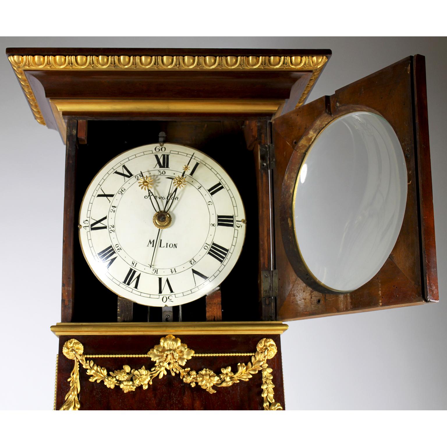 French 19th Century Louis XVI Style Plum-Mahogany Ormolu Mounted Tall Case Clock For Sale 7